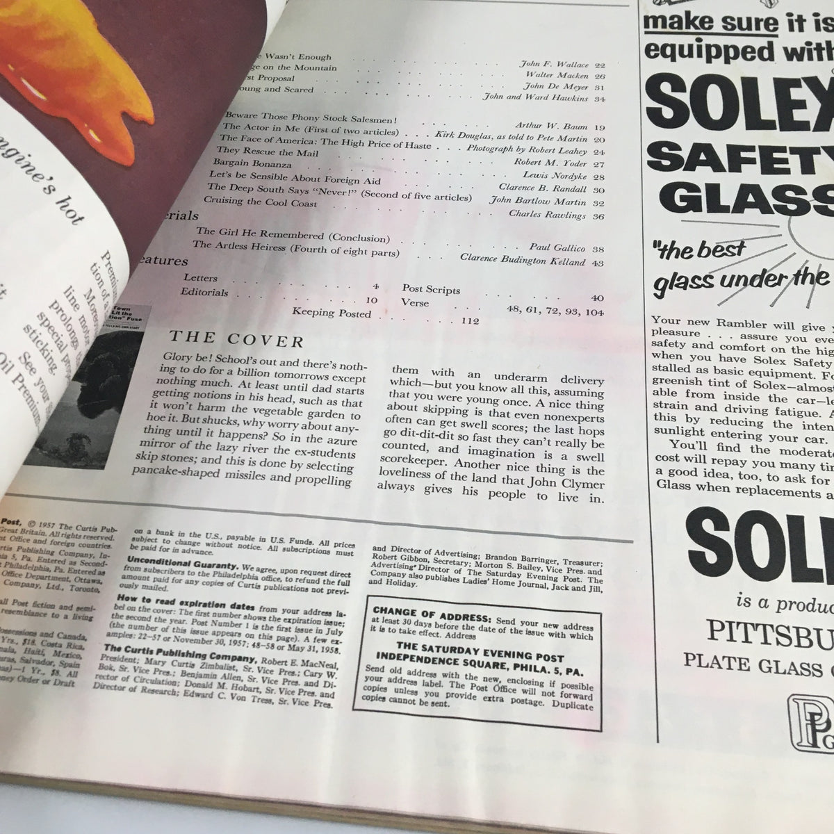 The Saturday Evening Post June 22 1957 magazine interior displaying content outlines such as articles and story titles, reflecting the publication's structure.
