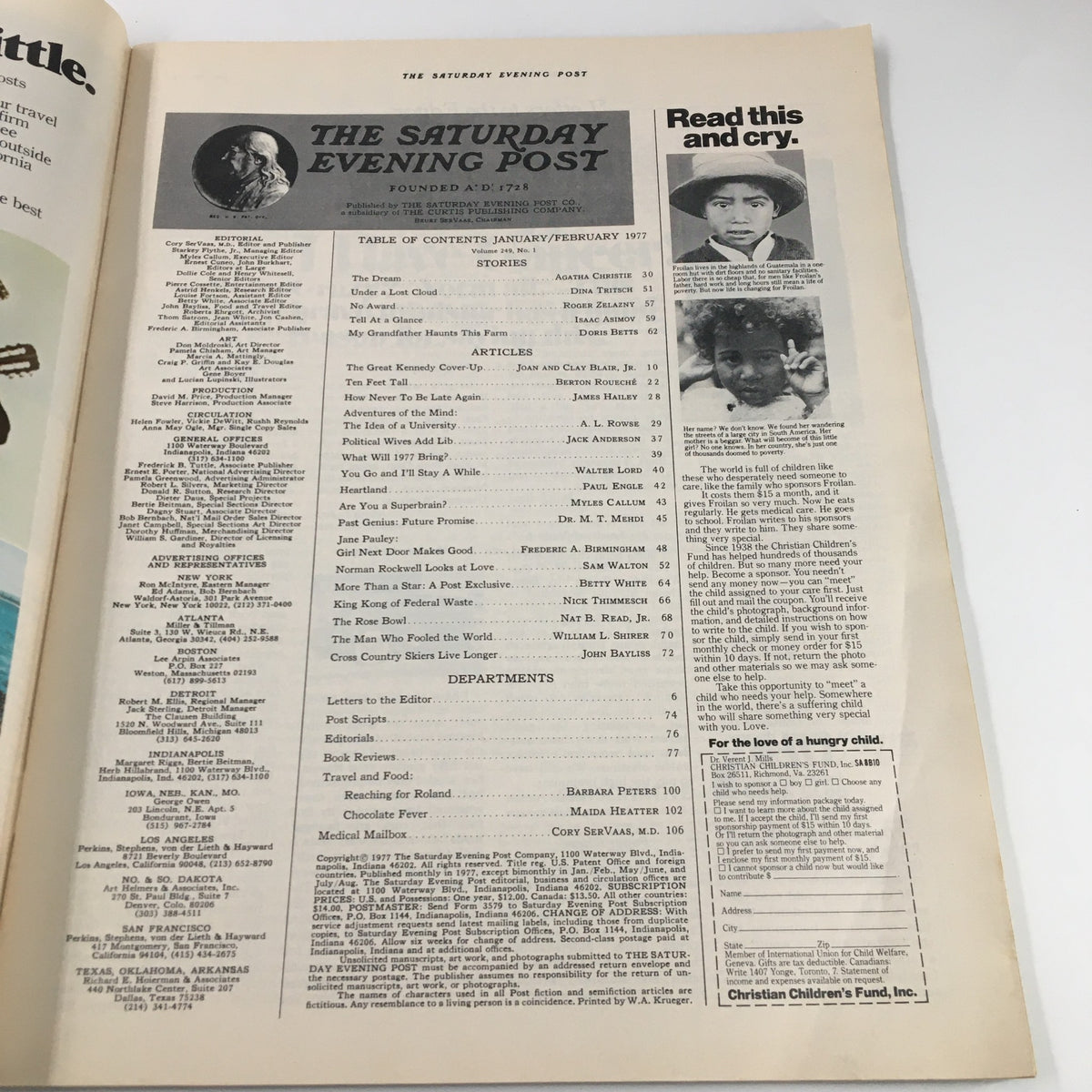 Interior page of The Saturday Evening Post February 1977 showing the Table of Contents. This page lists various articles and features, including contributions from notable writers and highlights from the magazine.