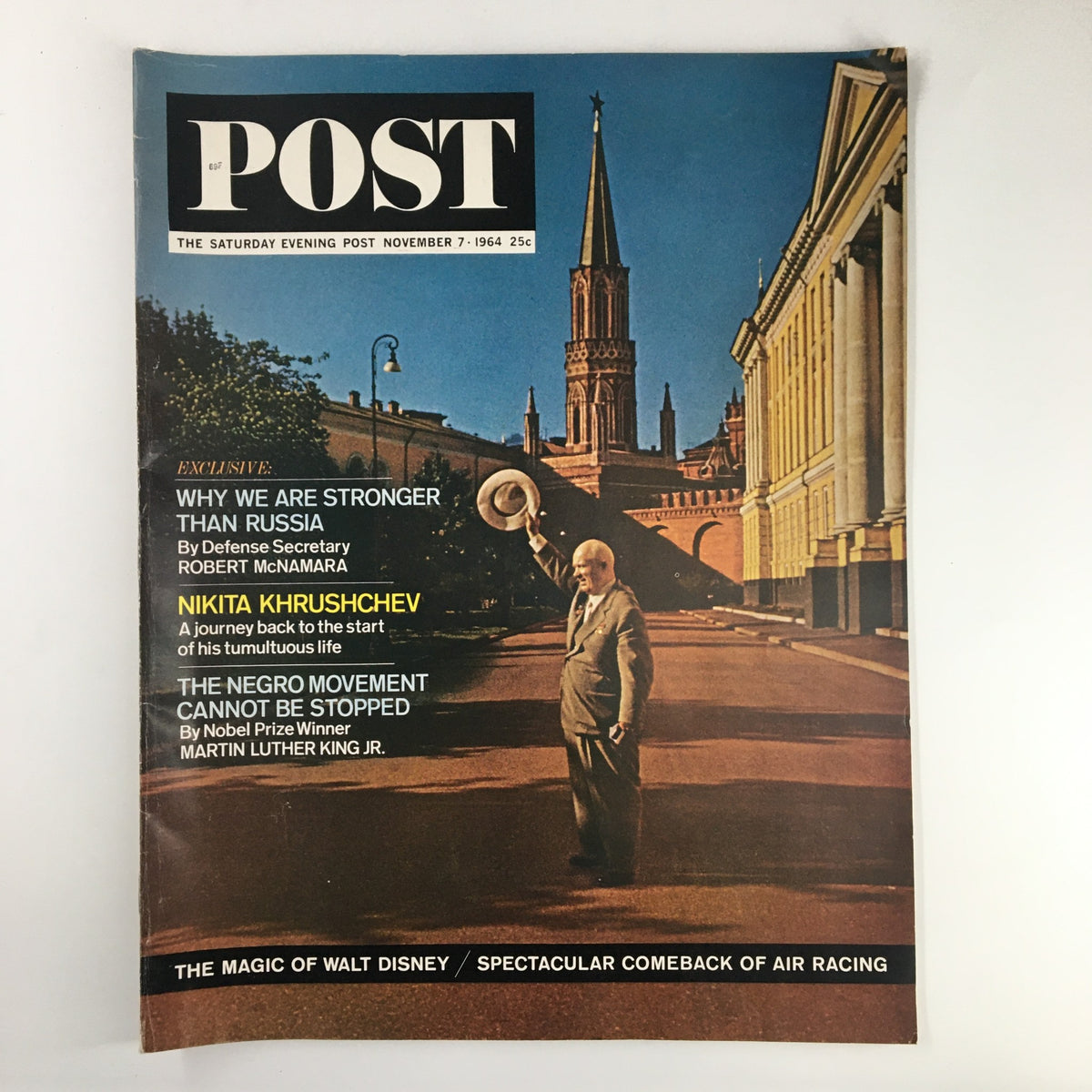 Cover of The Saturday Evening Post from November 7, 1964, featuring Nikita Khrushchev against a backdrop of Russian architecture and headlines about military strength and civil rights.