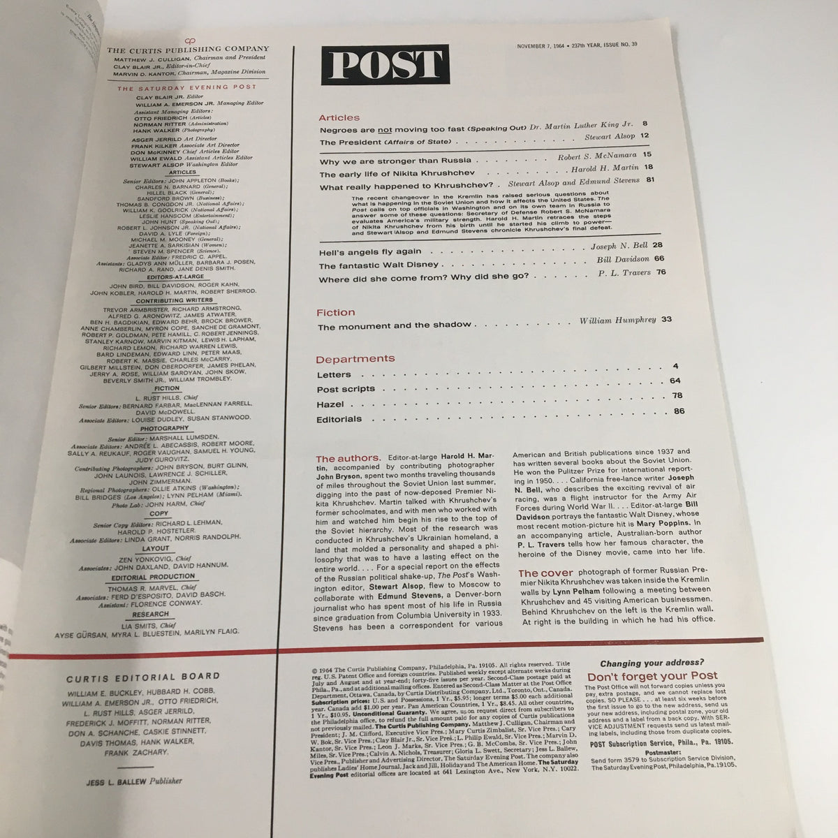 Interior page of The Saturday Evening Post November 7, 1964, displaying the table of contents with articles including features on Nikita Khrushchev and civil rights issues.