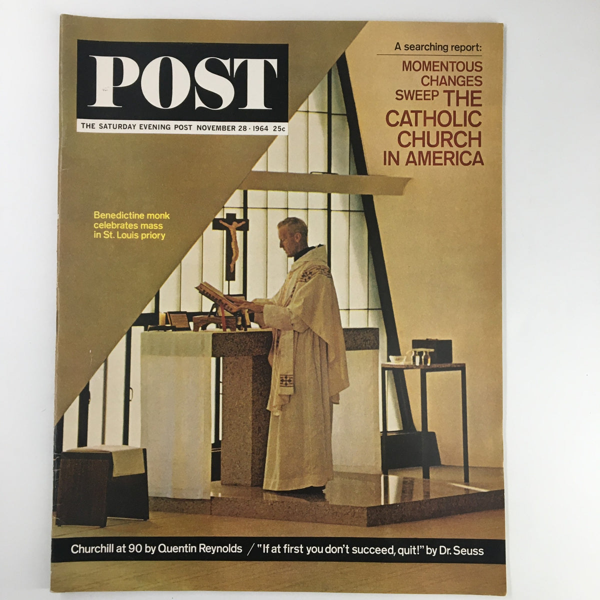 Cover of The Saturday Evening Post from November 28, 1964, showcasing Winston Churchill at 90, with themes featuring momentous changes in the Catholic Church.