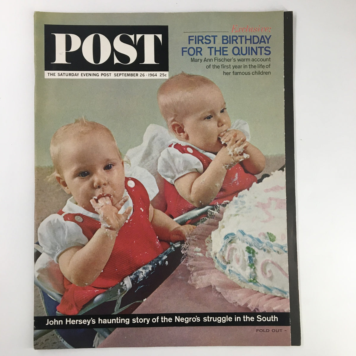 Cover of The Saturday Evening Post dated September 26, 1964, featuring a celebratory theme for the first birthday of the Quintuplets, showcasing two adorable infants enjoying cake.