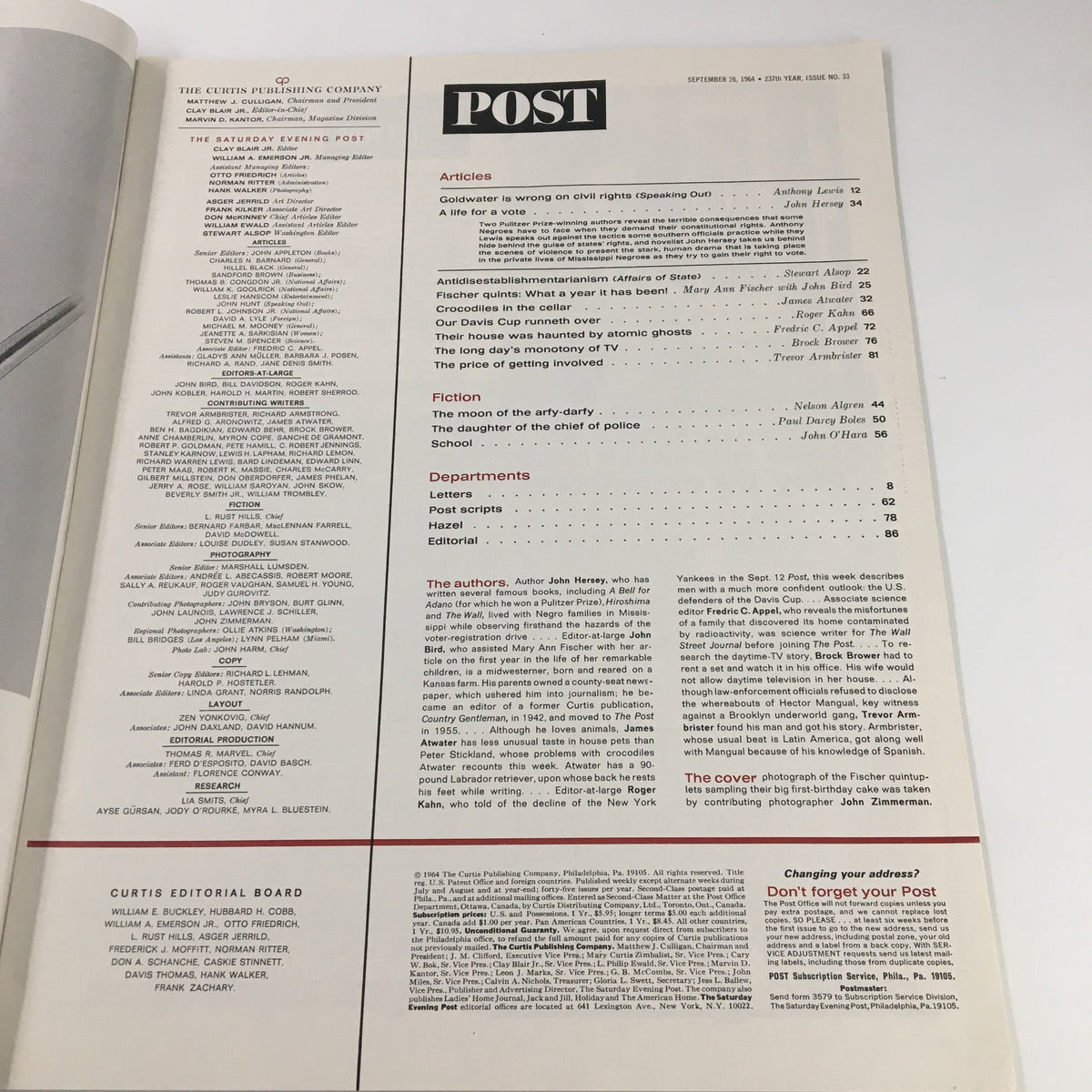 Page from The Saturday Evening Post dated September 26, 1964, displaying the magazine's table of contents with articles and features related to the first birthday of the Quintuplets.