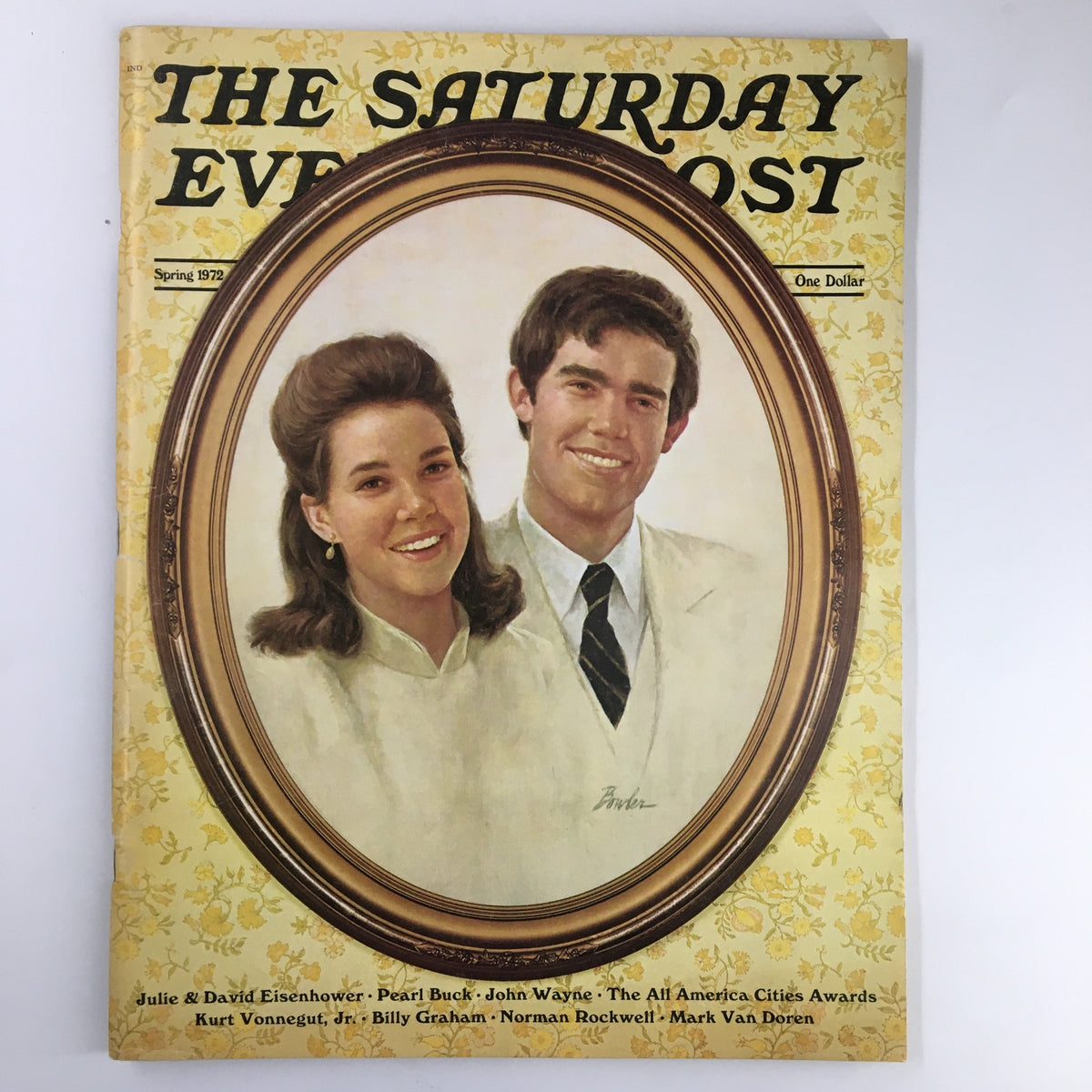 The Saturday Evening Post Spring 1972 cover featuring Julie and David Eisenhower in a vintage illustration style. This magazine showcases iconic cover art from the early 70s.