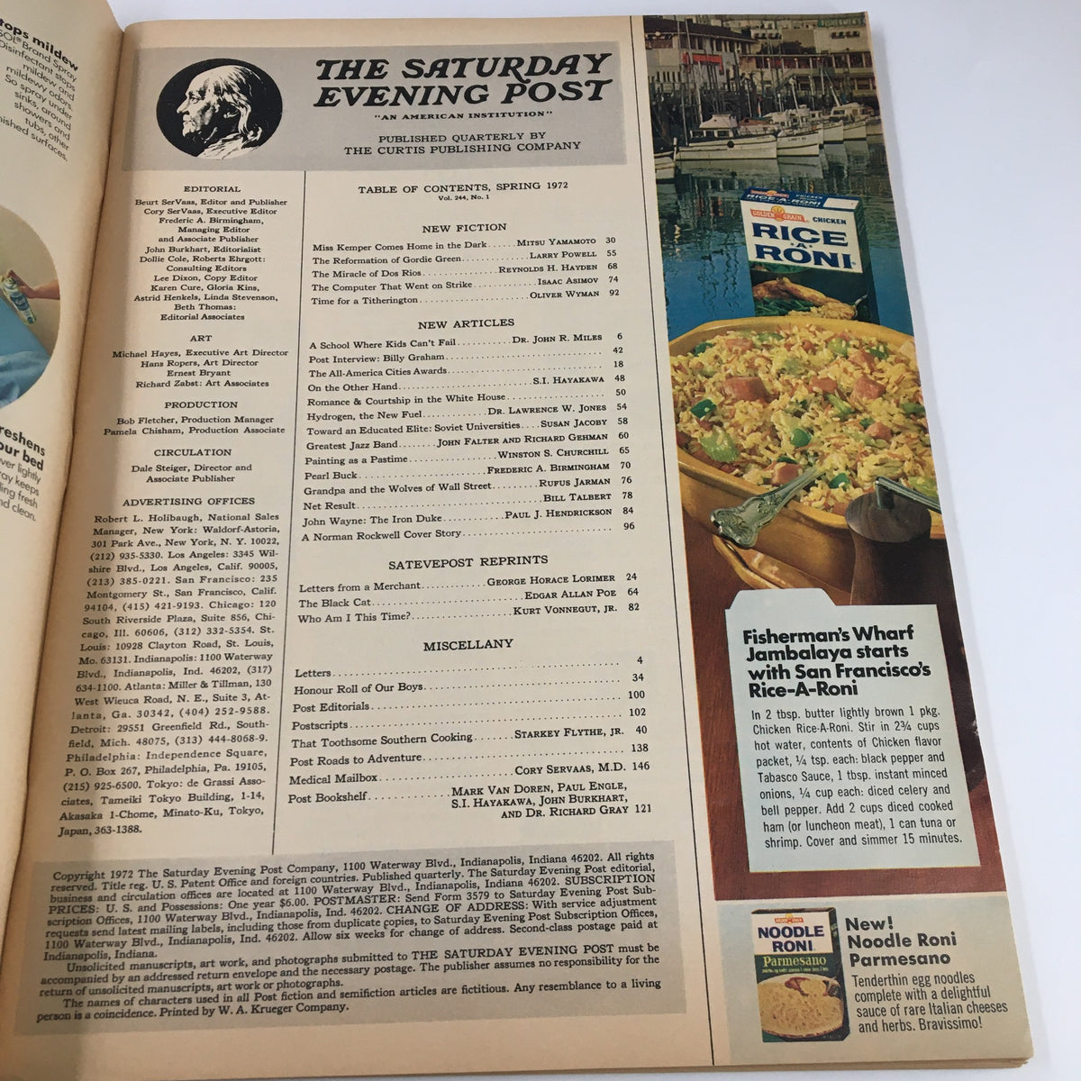 Interior page of The Saturday Evening Post Spring 1972 displaying the table of contents with articles and advertisements, reflecting the publication's vintage design and cultural context.