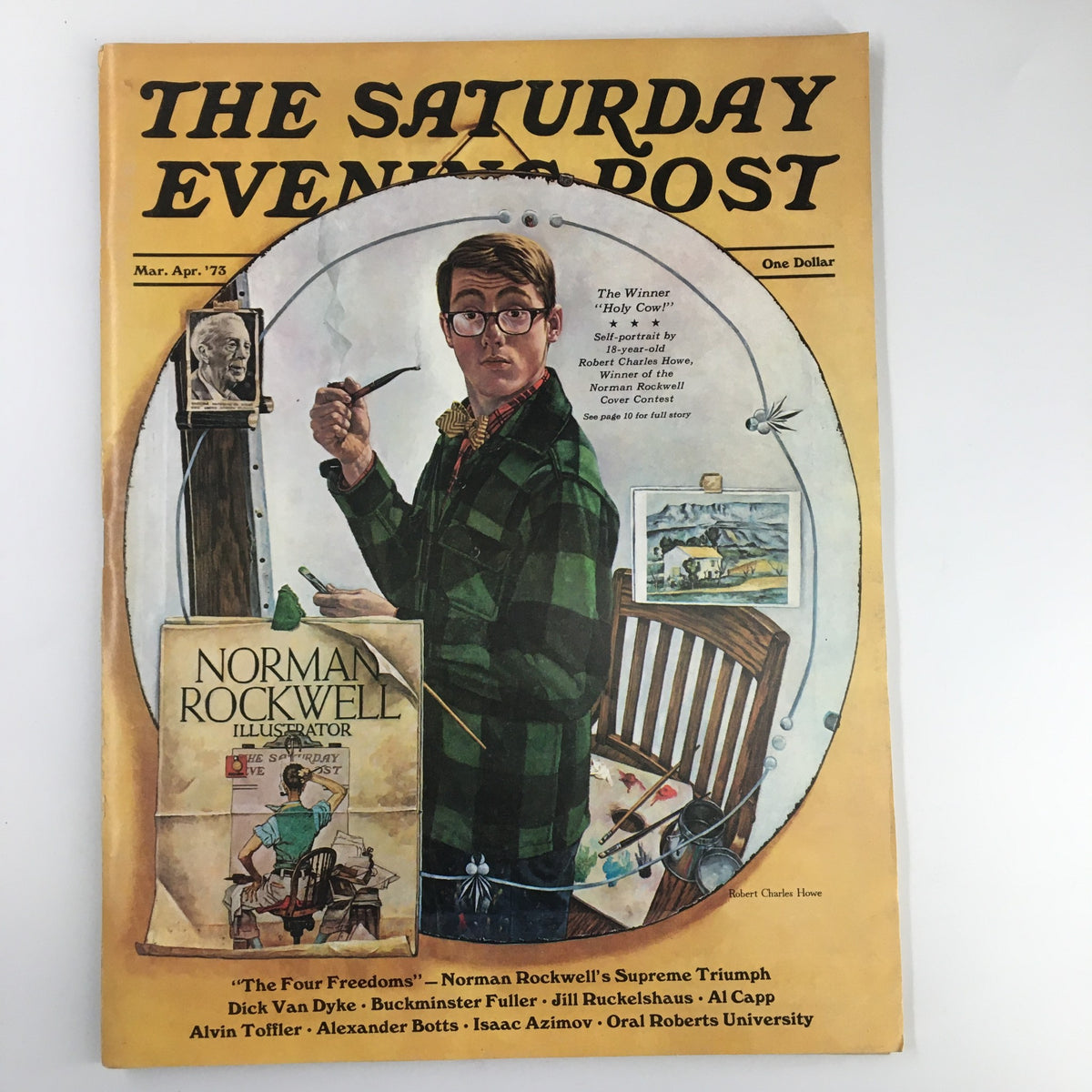 Cover of The Saturday Evening Post March 1973 featuring the winning illustration 'Holy Cow' by Robert Charles Howe. The cover depicts a young man with glasses holding a pencil, surrounded by artistic elements, showcasing the essence of the era.