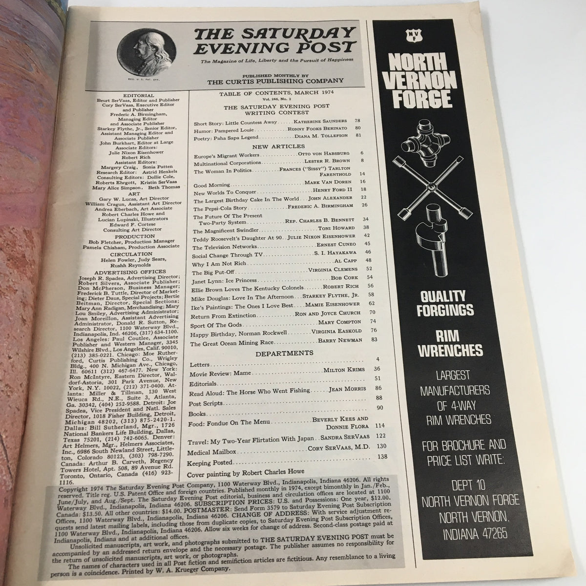 Table of contents page from The Saturday Evening Post, March 1974, detailing articles and features including the 'Love in the Afternoon' piece.