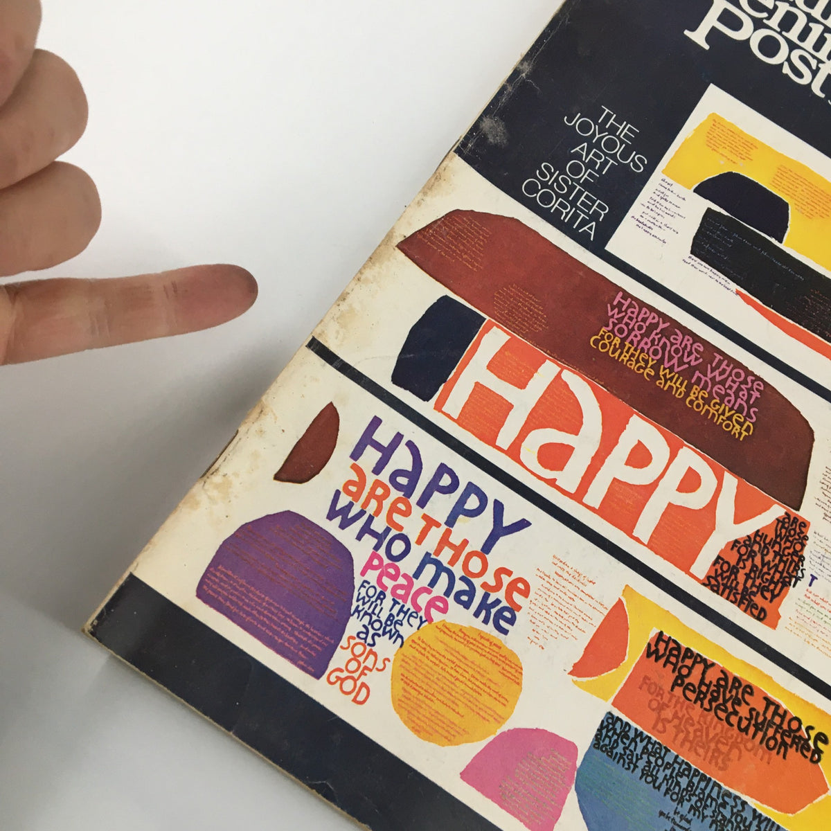 Side view of The Saturday Evening Post December 28, 1968 emphasizing the vibrant typography and artwork on the cover, including phrases like 'Happy are those who make peace'.