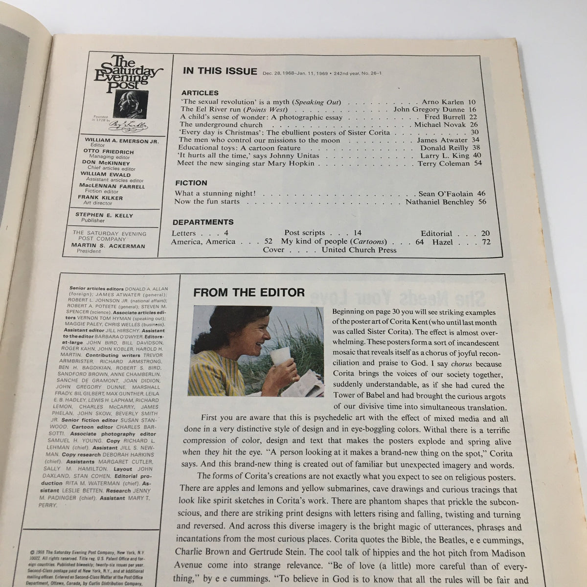 Inside page of The Saturday Evening Post December 28, 1968 detailing the articles and contributors, highlighting the theme of the issue and featuring a photo of a woman at a table.