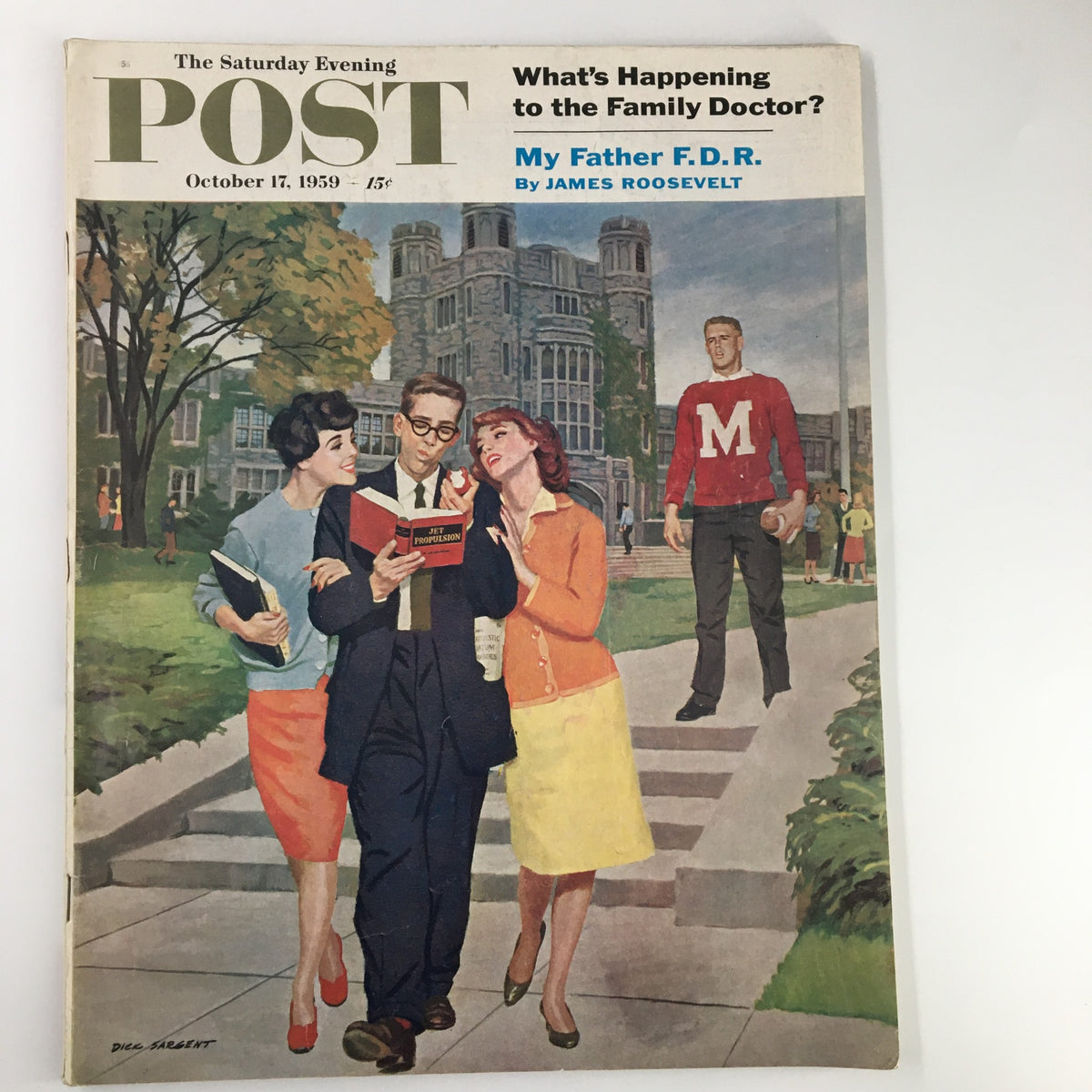 The Saturday Evening Post - October 17, 1959 cover featuring illustrations of two women and a man reading in a college setting, highlighting the cover story 'My Father F.D.R.' by James Roosevelt.