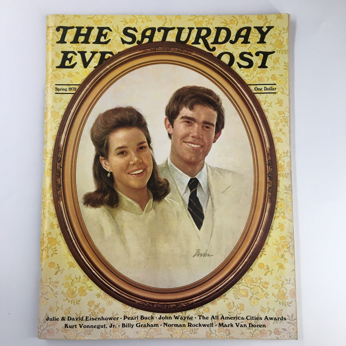 Cover of The Saturday Evening Post from Spring 1972 featuring a portrait of Julie and David Eisenhower, encapsulating the style and cultural sentiments of the early 1970s.