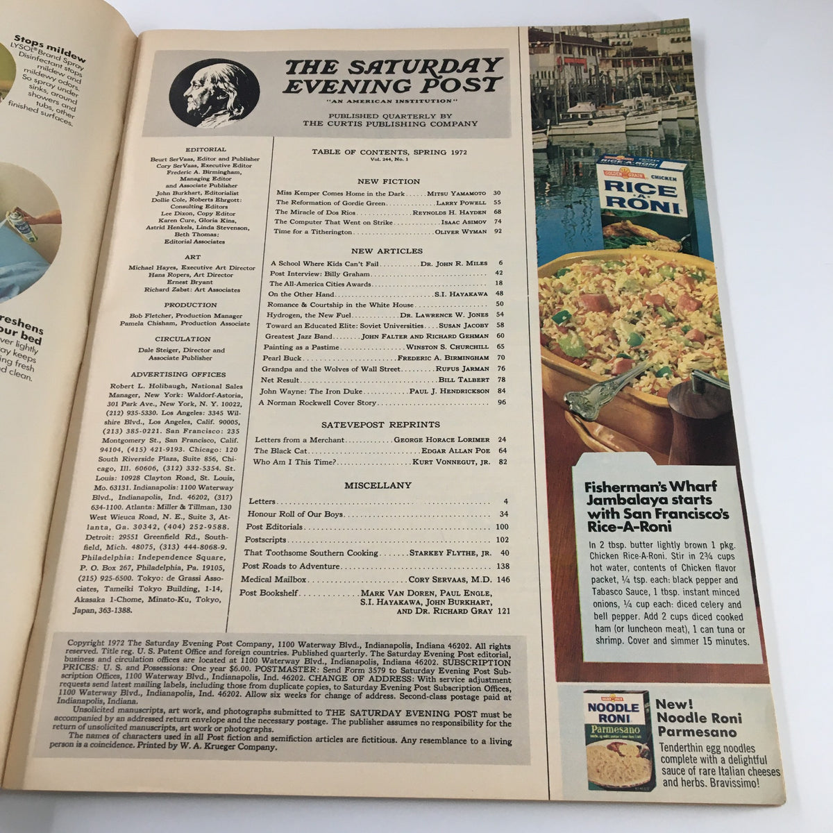 Table of contents of The Saturday Evening Post Spring 1972 featuring articles, fiction, and advertisements, showcasing the magazine's design and layout.