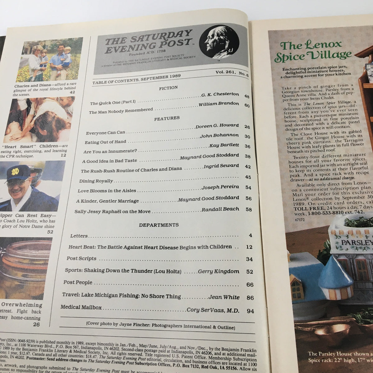 Table of contents page from The Saturday Evening Post September 1989, listing articles and features related to Princess Diana and Prince Charles.