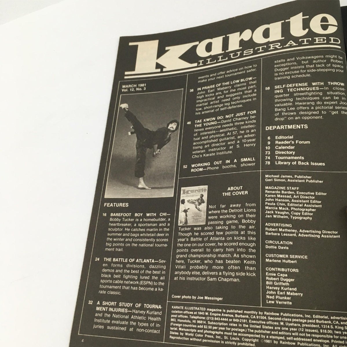 Interior page of Karate Illustrated Magazine March 1981 displaying various articles and features including a photograph of a karate practitioner demonstrating a technique, highlighting the magazine's content on martial arts practices.