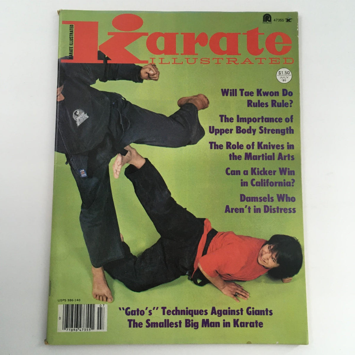 Karate Illustrated Magazine cover from July 1980 featuring 'Gato's Techniques Against Giants' with images of karate practitioners demonstrating techniques, notable article headlines, and vibrant green background.