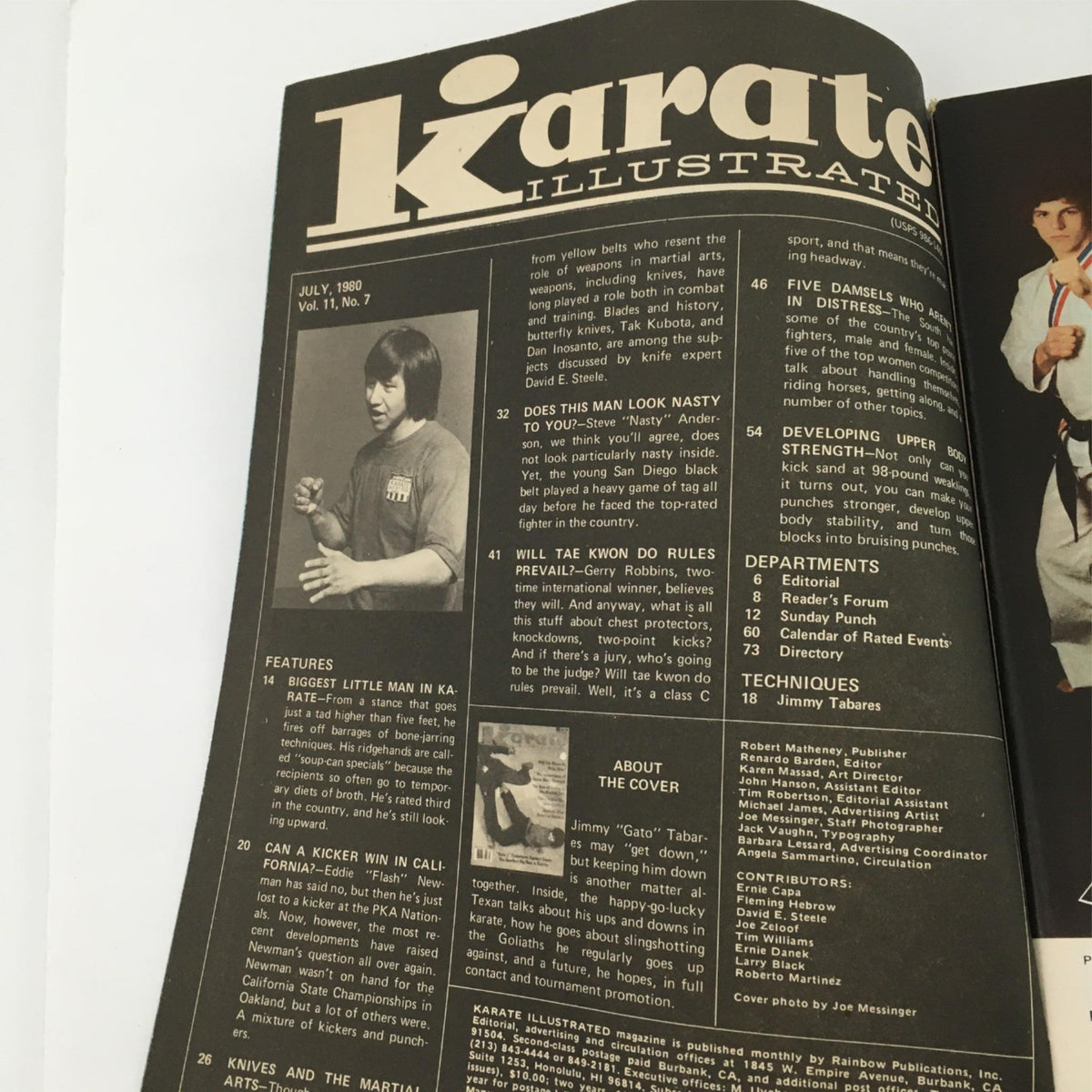 Inside page of Karate Illustrated Magazine July 1980 showcasing features and articles including 'Will Tae Kwon Do Rules Prevail?' and 'Can a Kicker Win in California?' highlighting martial arts topics and discussions.