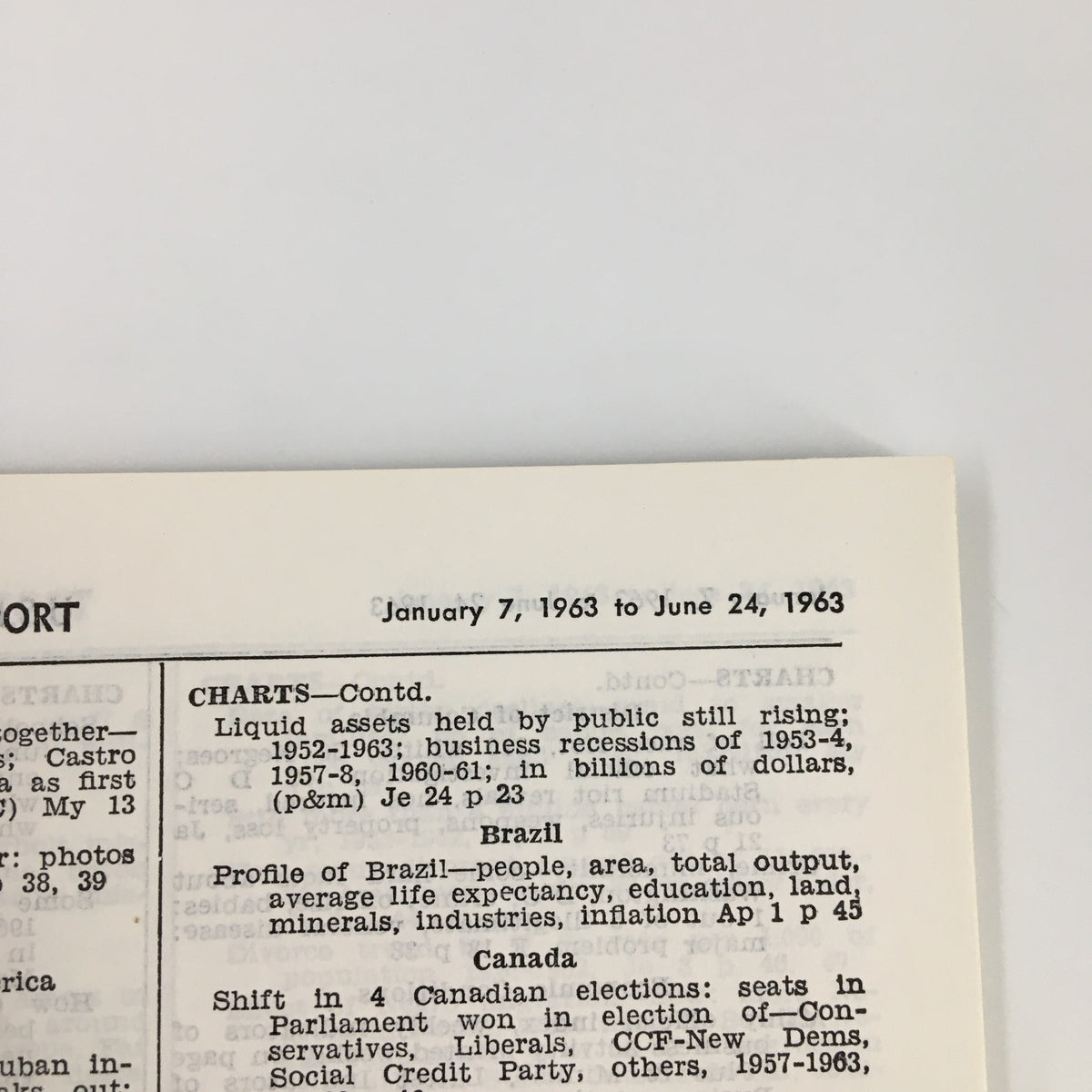 Interior page of US News & World Report Magazine January 7, 1963, detailing charts and topics covered from January 7, 1963 to June 24, 1963.