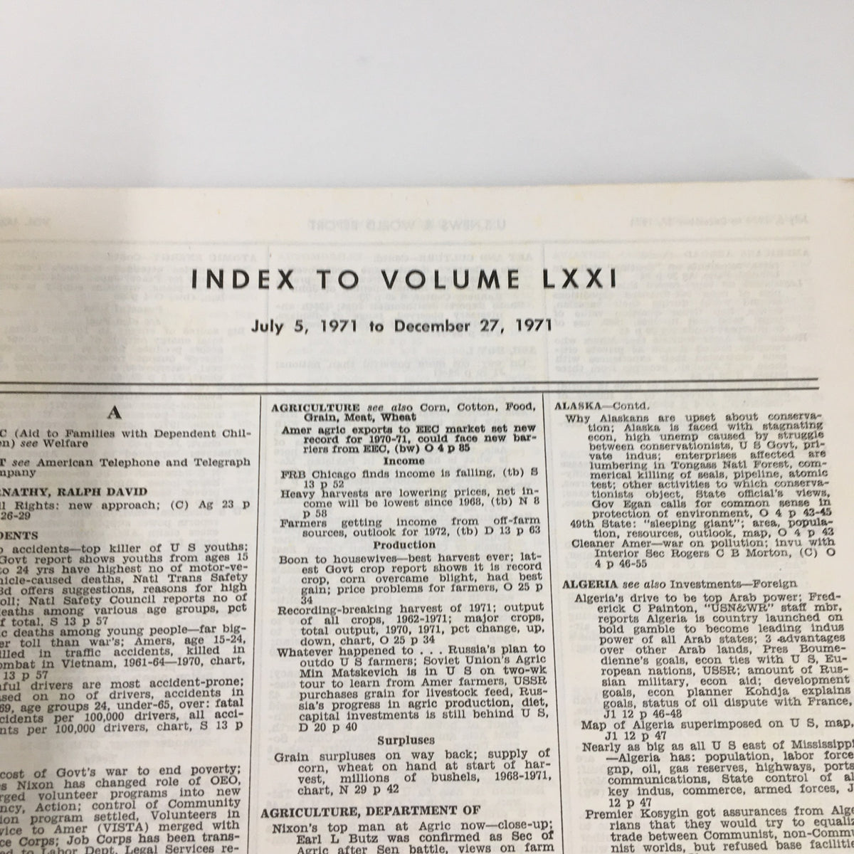 Inside page of US News & World Report Magazine July 5, 1971, displaying the index to Volume LXXI with various topics and articles listed.