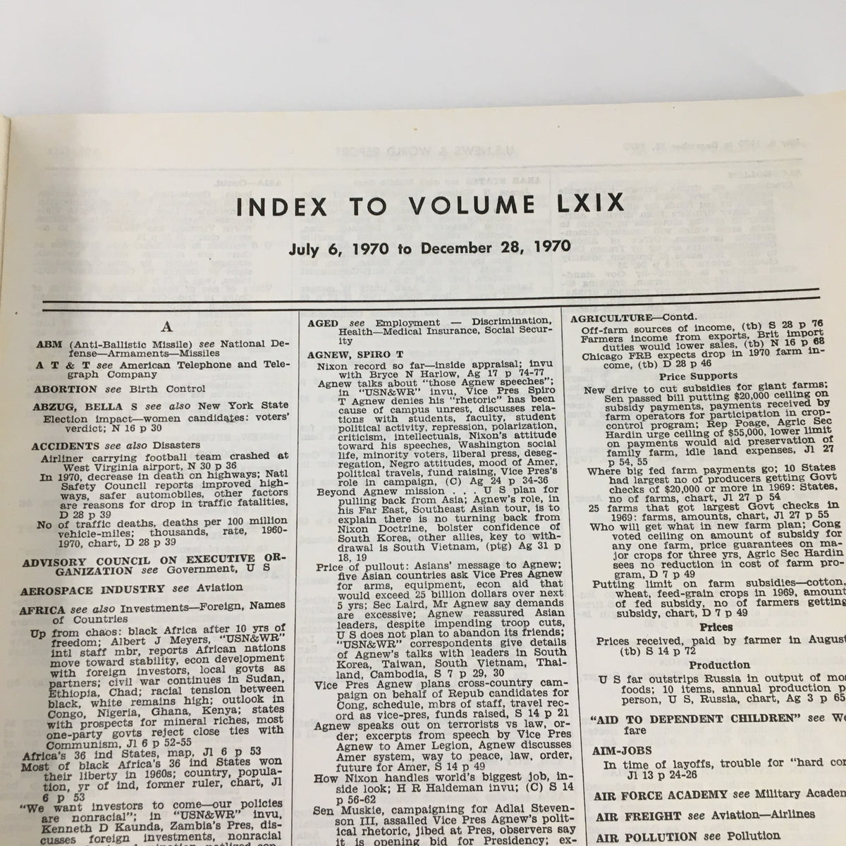 Interior page of US News & World Report Magazine July 6, 1970 Index to Volume LXIX, displaying the index for articles and topics covered between July 6 and December 28, 1970.