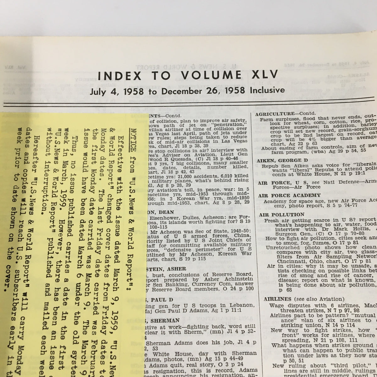 Interior page of US News & World Report Magazine July 4 1958 showing the index content from July 4, 1958 to December 26, 1958, inclusive.