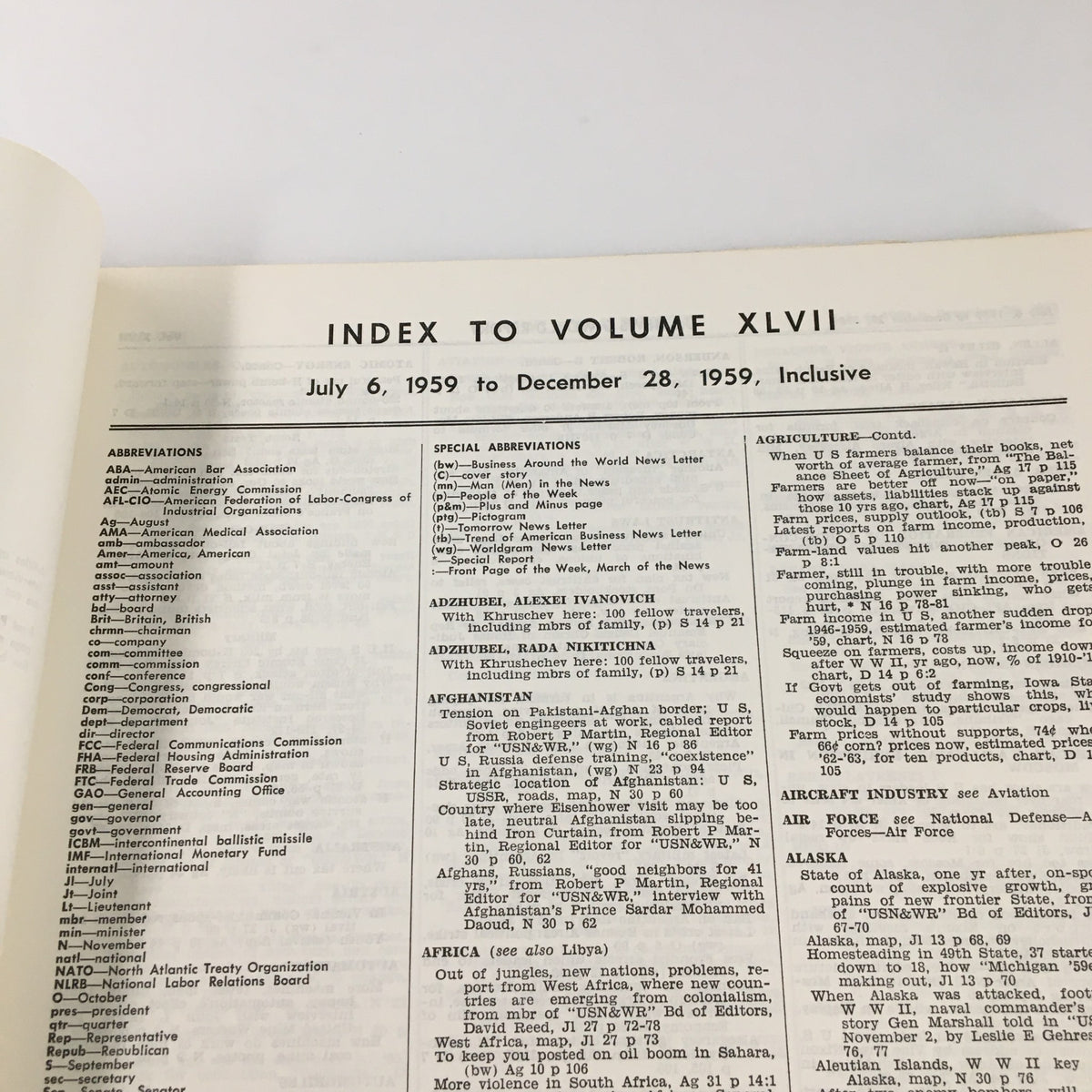 Index page from US News & World Report Magazine July 6 1959 featuring abbreviations and special notes relevant to Volume XLVII, providing insight into historical journalism.