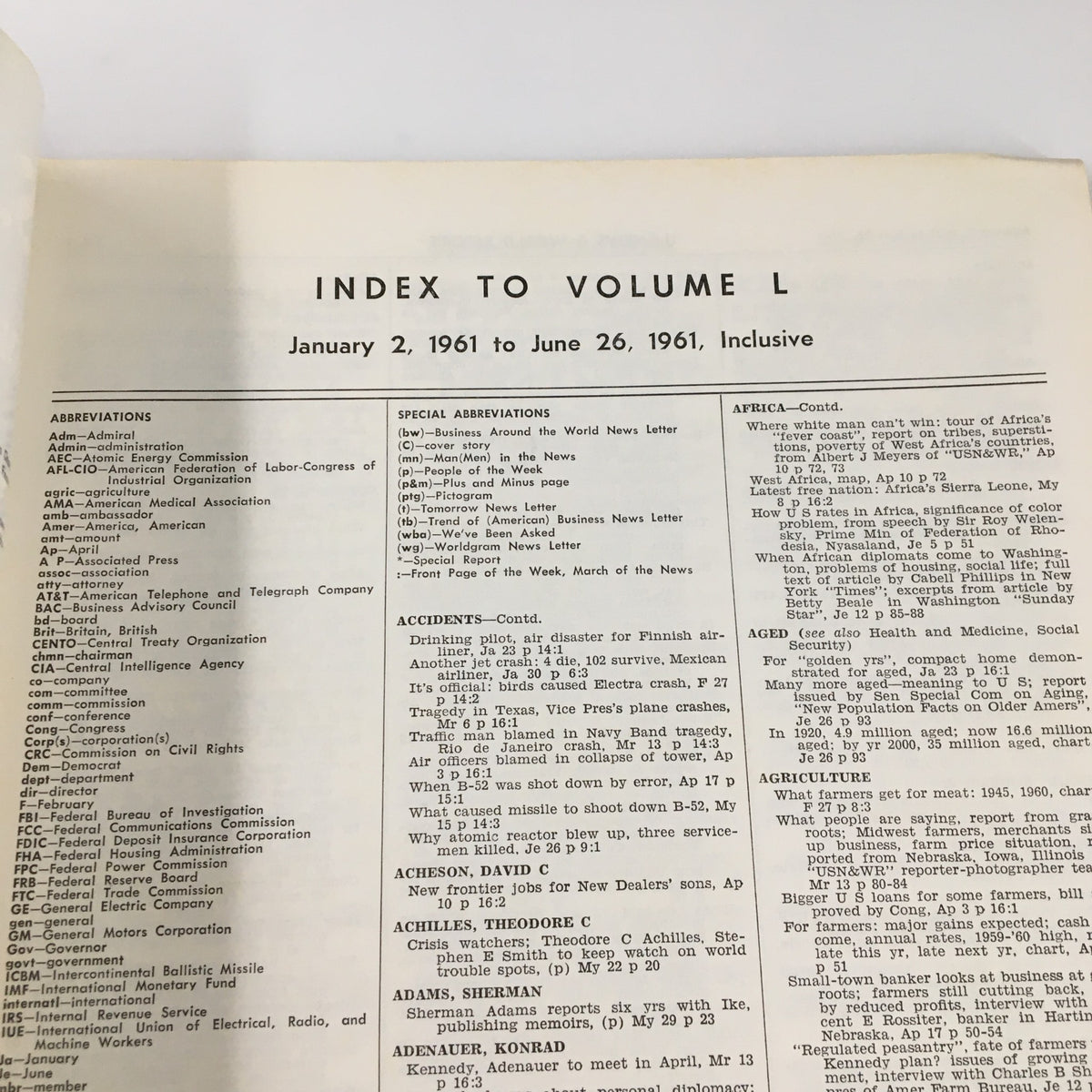 Interior page of US News & World Report Magazine January 2, 1961 showcasing the index listing from January 2, 1961 to June 26, 1961.