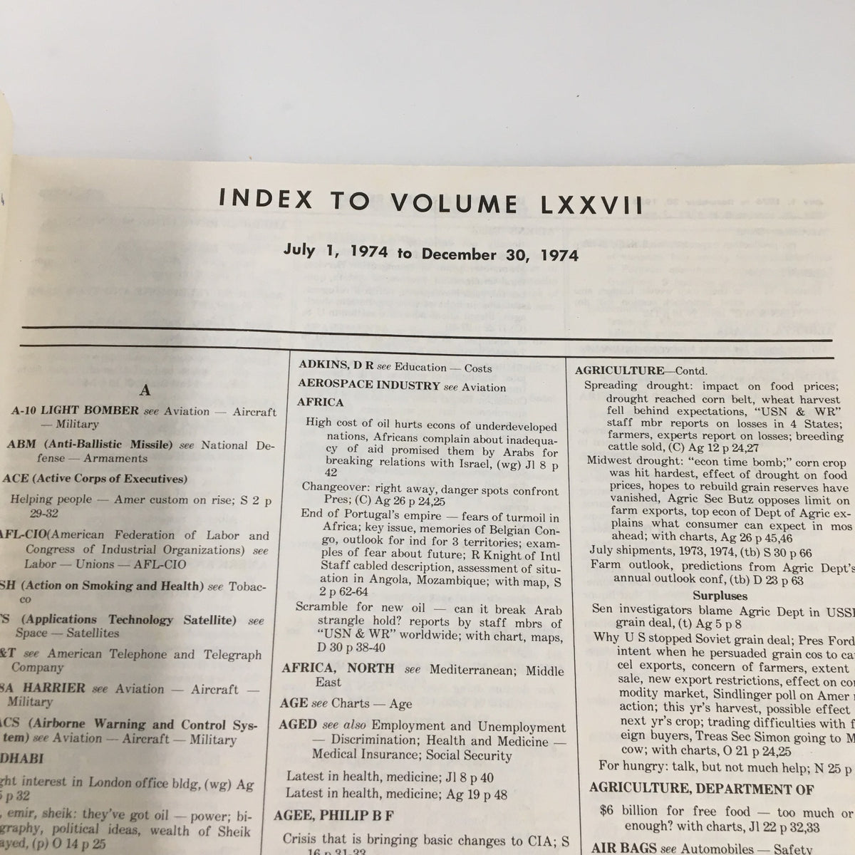 Index page of US News & World Report Magazine July 1 1974 showcasing the contents from Volume LXXVII, featuring topics like agriculture, aerospace industry, and key events from July to December 1974.