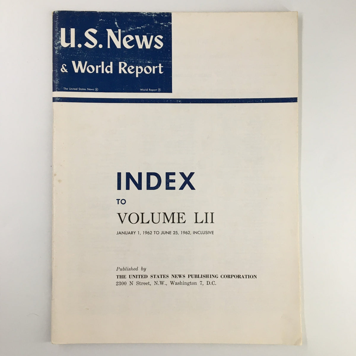 Cover of US News & World Report Magazine January 1 1962 Index to Volume LII featuring a simple design with a blue header and index title.