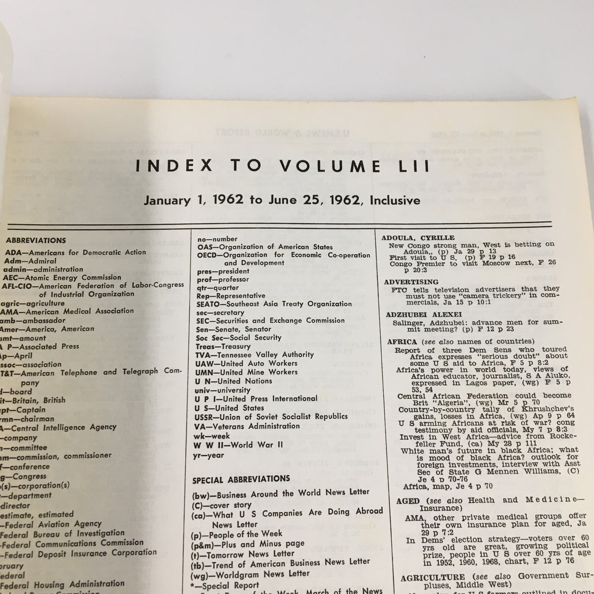 Interior page of US News & World Report Magazine January 1 1962 Index to Volume LII listing abbreviations and index details from January to June 1962.