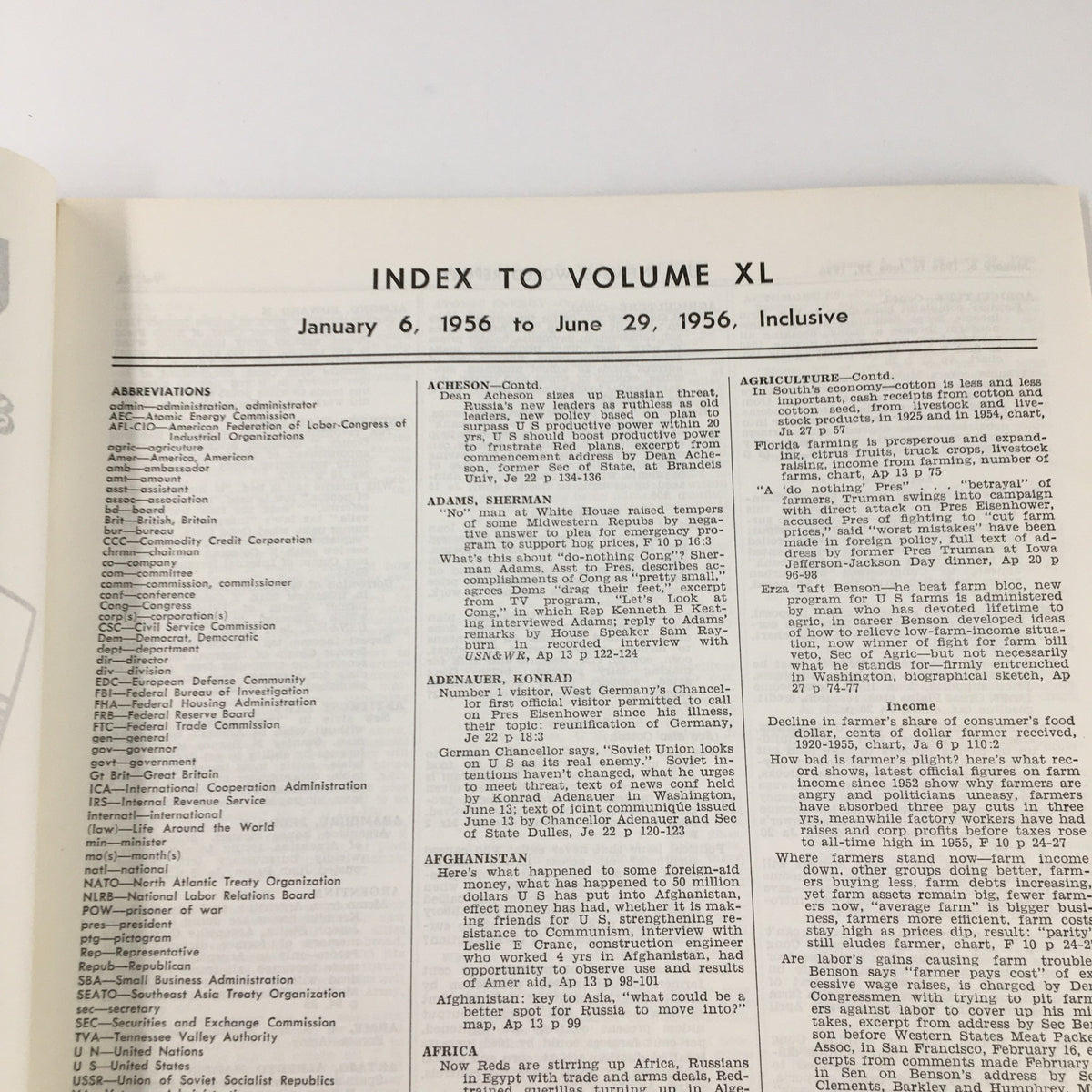 Interior page from US News & World Report Magazine January 6, 1956, displaying the index with entries and abbreviations relevant to articles from January to June 1956.