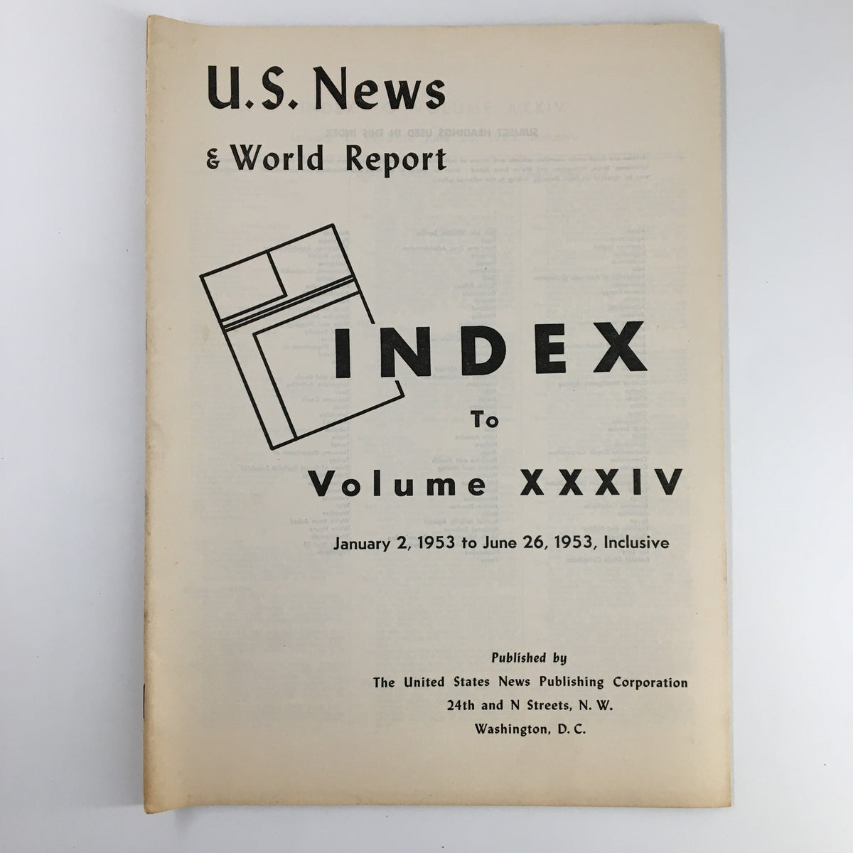 Cover of US News & World Report Magazine January 2, 1953, featuring the title 'INDEX to Volume XXXIV', showcasing publication details such as the date range January 2, 1953 to June 26, 1953.