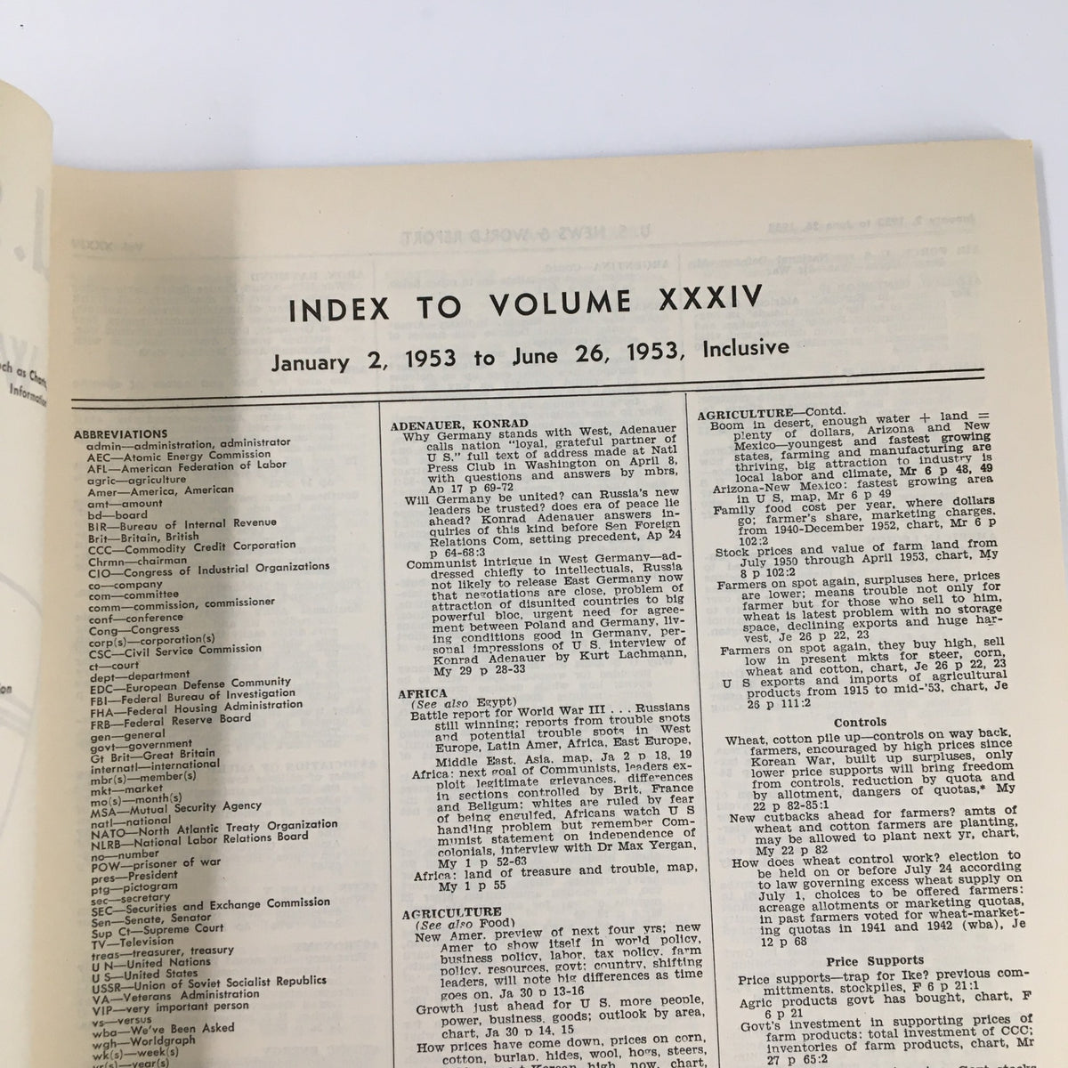 Interior page of US News & World Report Magazine January 2, 1953 displaying the Index to Volume XXXIV, listing significant topics and articles covered during the publication period.