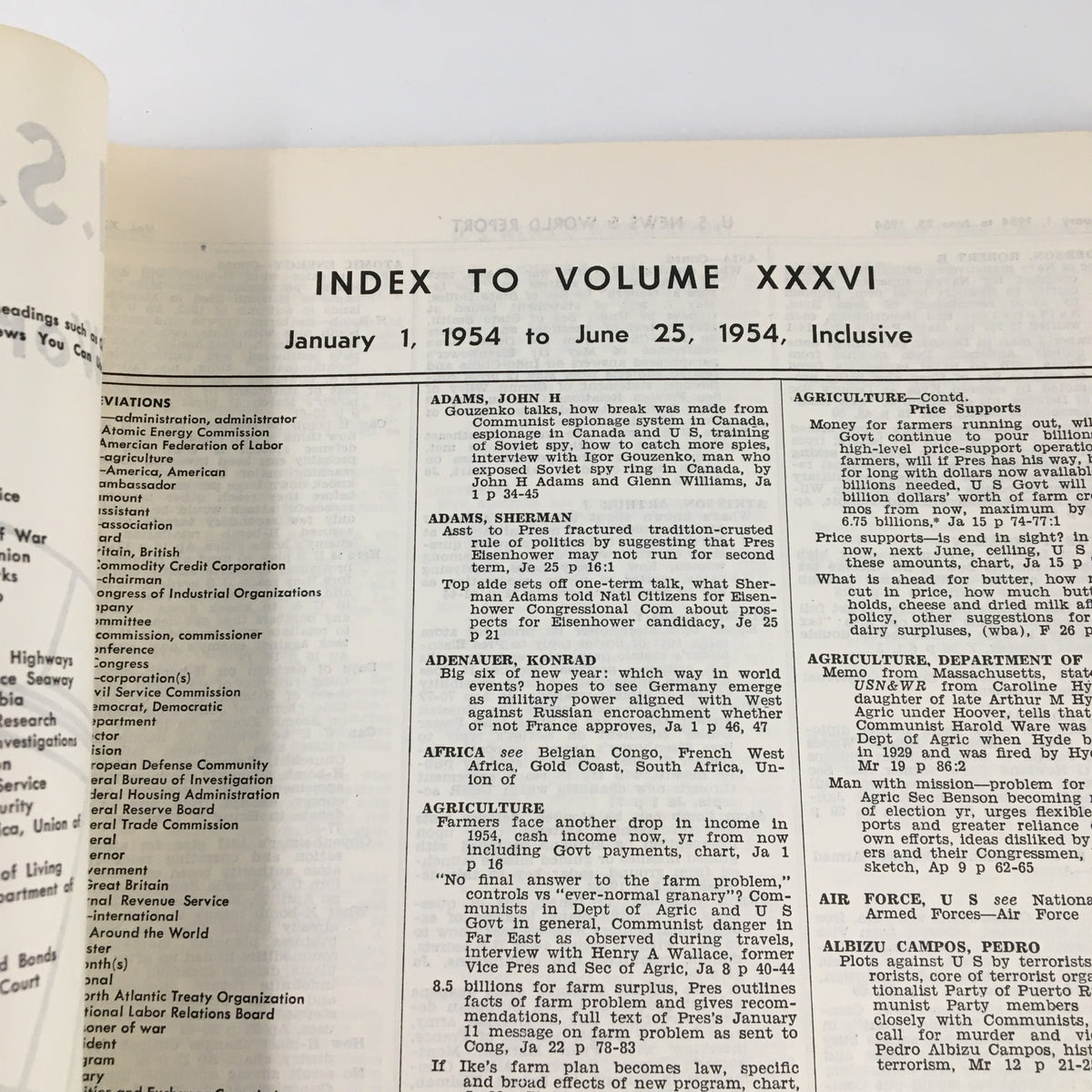 Interior page from US News & World Report Magazine January 1 1954 showing 'INDEX To Volume XXXVI' with content from January 1, 1954 to June 25, 1954, inclusive.
