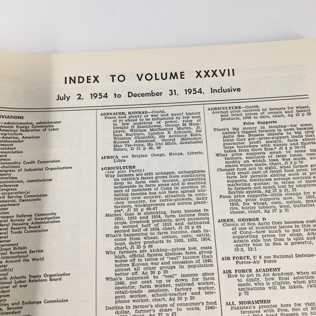 Interior view of the US News & World Report Magazine July 2 1954, showing the Index to Volume XXXVII with detailed article listings and topics.