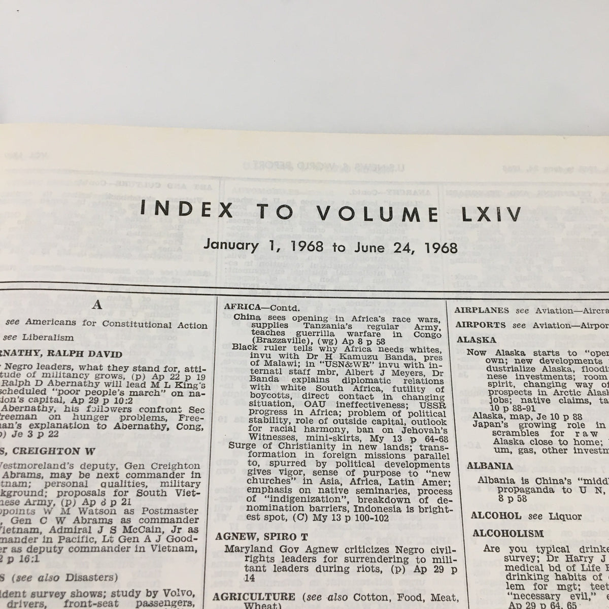 Index page from the US News & World Report Magazine January 1, 1968, featuring an overview of contents from January 1, 1968 to June 24, 1968. The page highlights key articles and topics discussed during the late 1960s, reflecting the socio-political climate of the era.