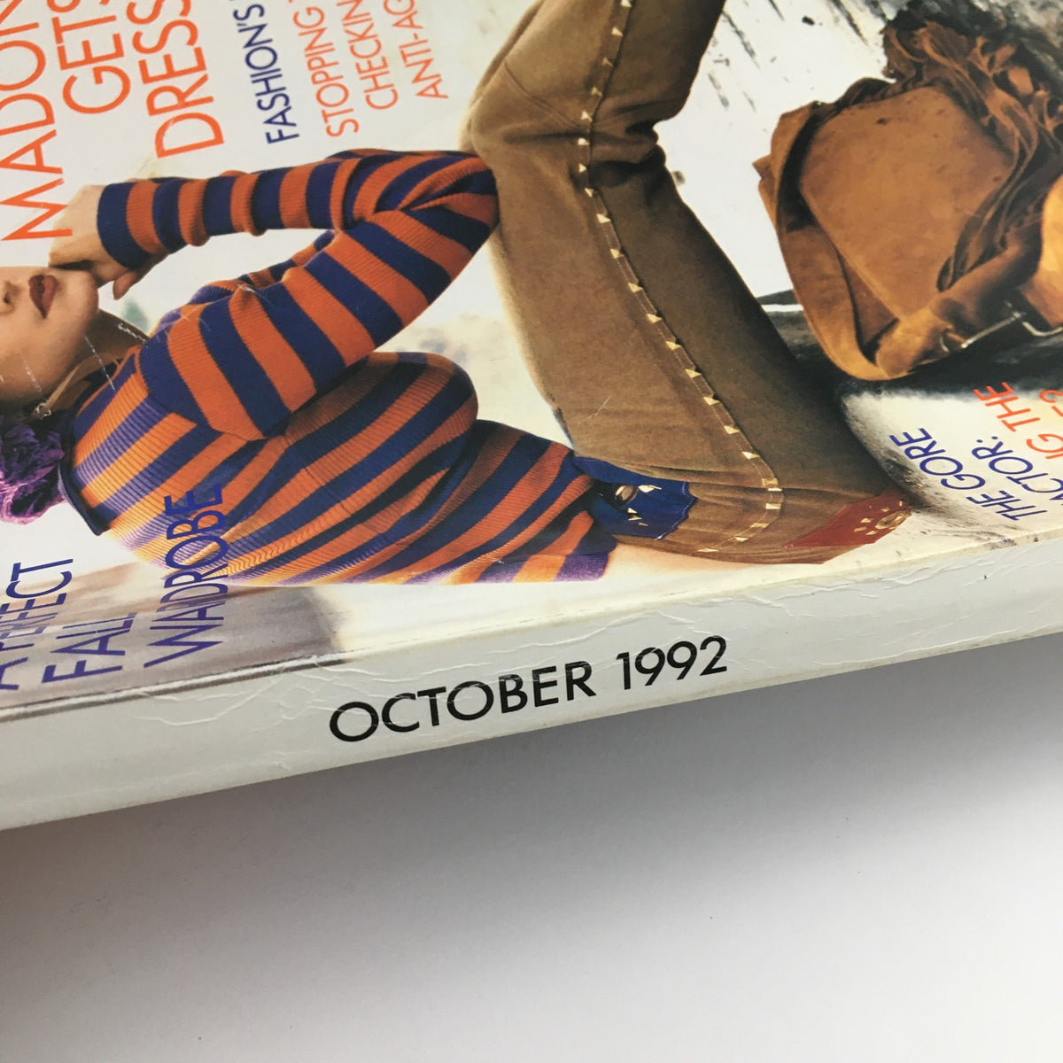 Cover detail of Vogue Magazine October 1992 featuring Madonna, highlighting fashion and lifestyle trends of the early '90s.