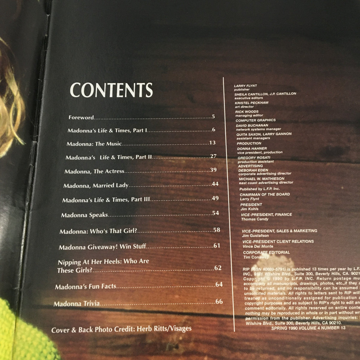 Contents page of Rip Collector's Edition Magazine Spring 1990 Vol 4 #13 showcasing featured articles about Madonna including her life, music, and trivia. The page details the magazine structure and is part of a collector's item.