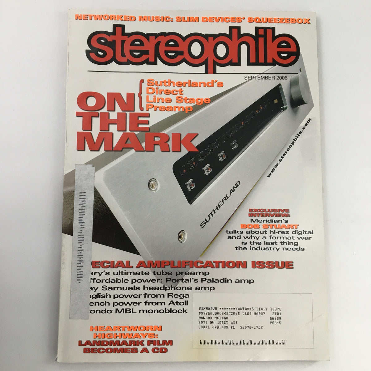 Stereophile Magazine September 2006 cover featuring an exclusive interview with Meridian's Bob Stuart, highlighting audio technology and sound quality advancements.