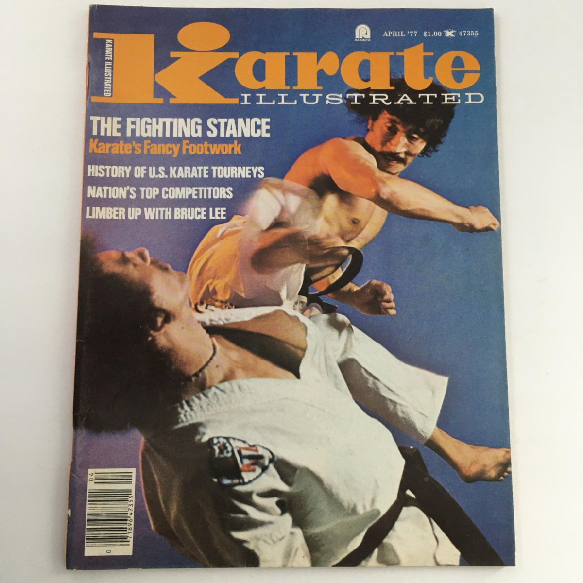 Cover of Karate Illustrated Magazine April 1977 featuring the title Karate's Fancy Footwork, showcasing martial arts action with an emphasis on dynamic footwork techniques.