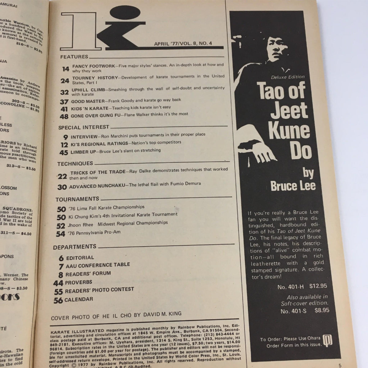 Inside page of Karate Illustrated Magazine April 1977 displaying table of contents, highlighting features such as 'Fancy Footwork' and 'Tao of Jeet Kune Do' by Bruce Lee.