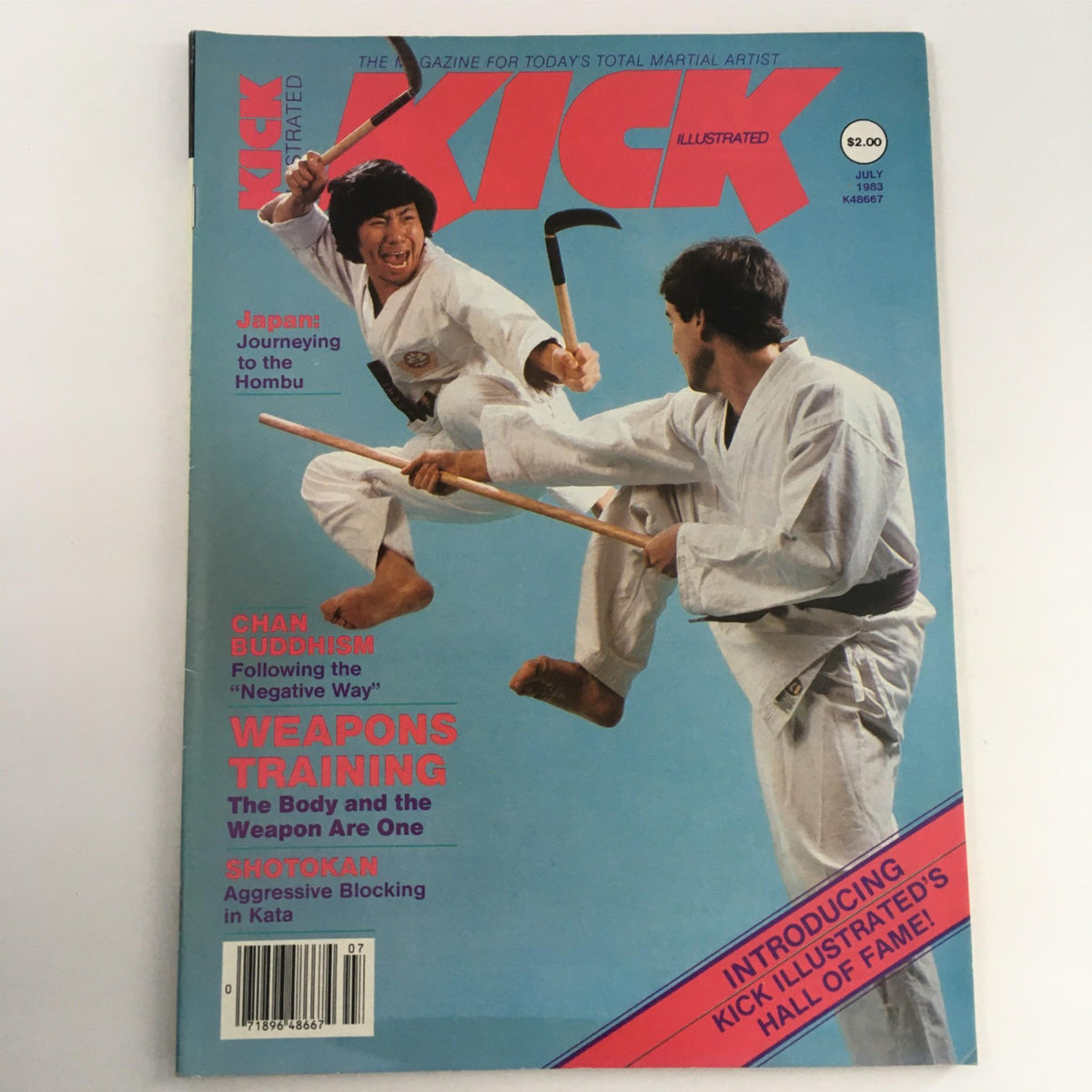 Cover of Karate Illustrated Magazine, July 1983 edition, featuring martial artists practicing Chan Buddhism and Shotokan techniques, highlighting articles on weapons training and the integration of body and weapon.