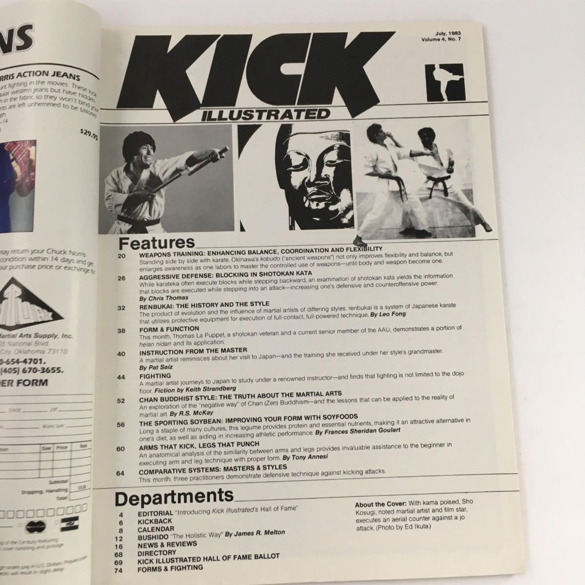 Cover of Kick Illustrated Magazine July 1983 showcasing features on weapons training, Shotokan karate techniques, and Chan Buddhism. The magazine highlights martial arts history and philosophy, appealing to enthusiasts and collectors.