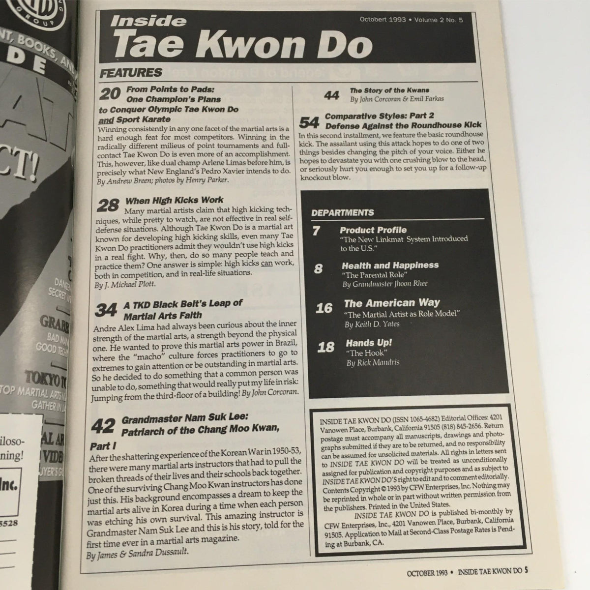 Interior page of Inside Tae Kwon Do Magazine October 1993, highlighting features such as 'Grandmaster Nam Suk Lee: Patriarch of the Chang Moo Kwan' and various martial arts topics.