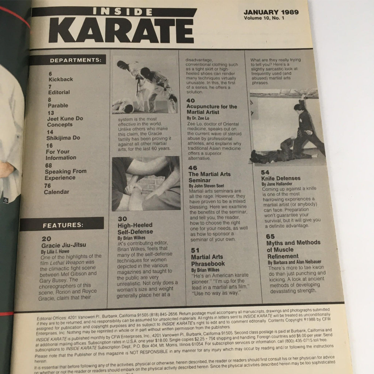 Contents page of Inside Karate Magazine January 1989, listing features on Gracie Jiu-Jitsu, martial arts seminars, and self-defense techniques.