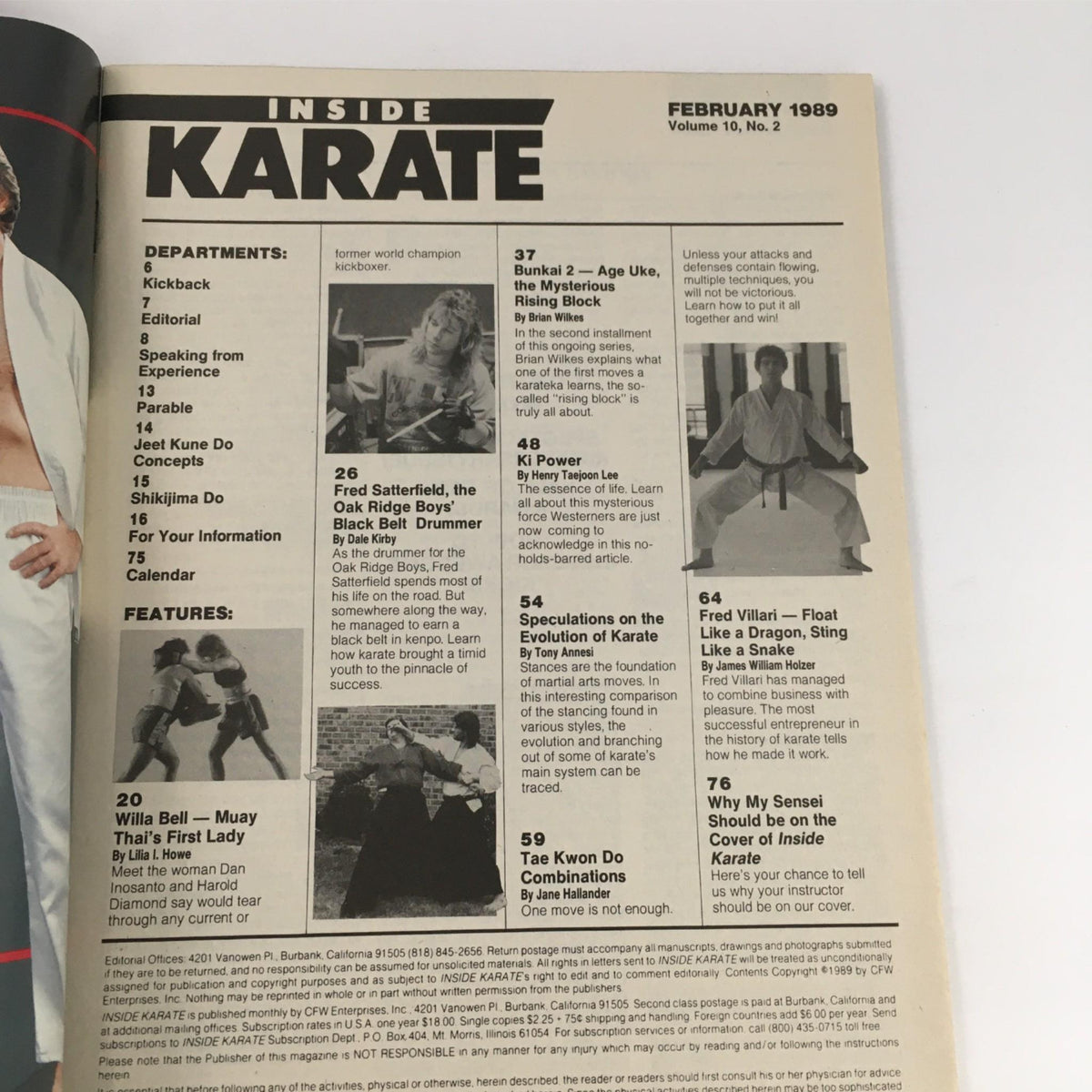 Inside Karate Magazine February 1989 interior page featuring the table of contents, highlighting articles on martial arts techniques, Ki Power, and the evolution of karate.