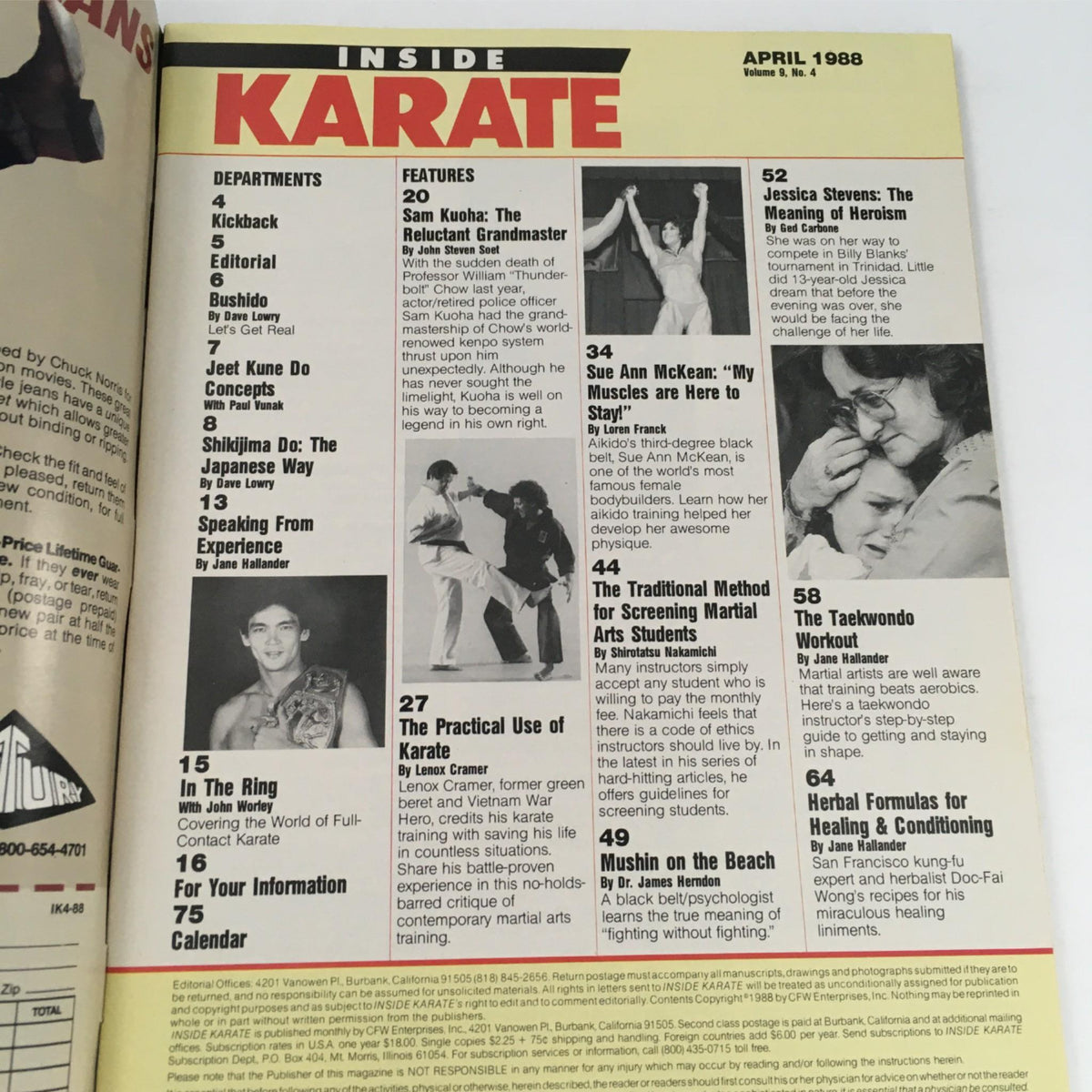 Inside Karate Magazine April 1988 showcasing features and articles, including a spotlight on Sam Kuoha, Kenpo's New Grandmaster. The image displays the magazine's table of contents, featuring sections about martial arts techniques, training insights, and profiles of prominent figures in karate.