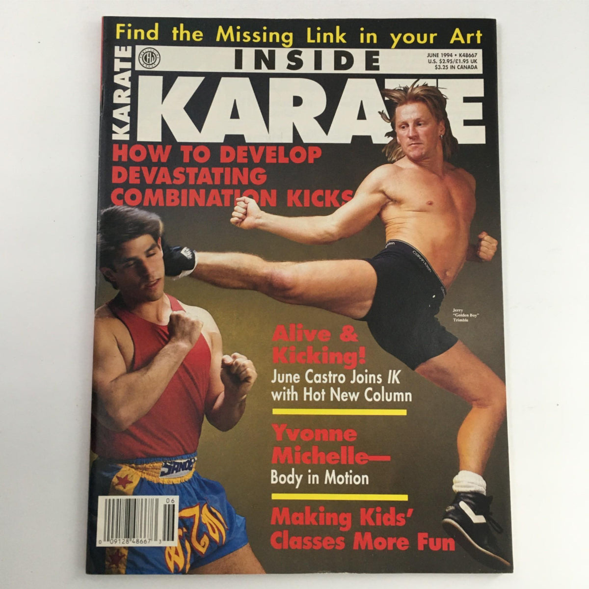 Cover of Inside Karate Magazine June 1994 featuring Jerry 'Golden Boy' Trimble demonstrating a martial arts kick. Contains articles on devastating combination kicks and interviews with martial arts legends.