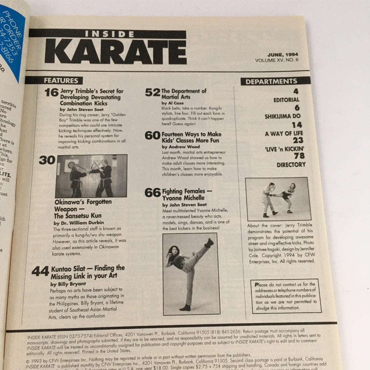 Inside Karate Magazine June 1994 featuring articles on martial arts techniques, including Jerry Trimble's combination kicks and Okinawa's Sansetsu Kun weapon.