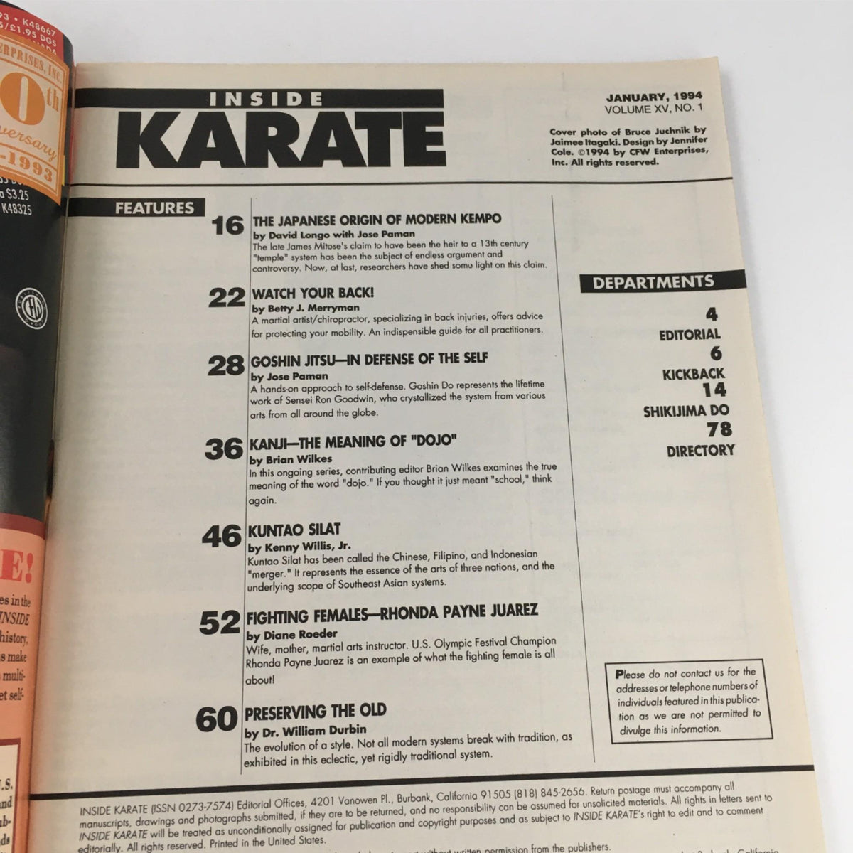 Interior page of Inside Karate Magazine January 1994, showcasing features including self-defense articles and martial arts history, complemented by the edition's title.