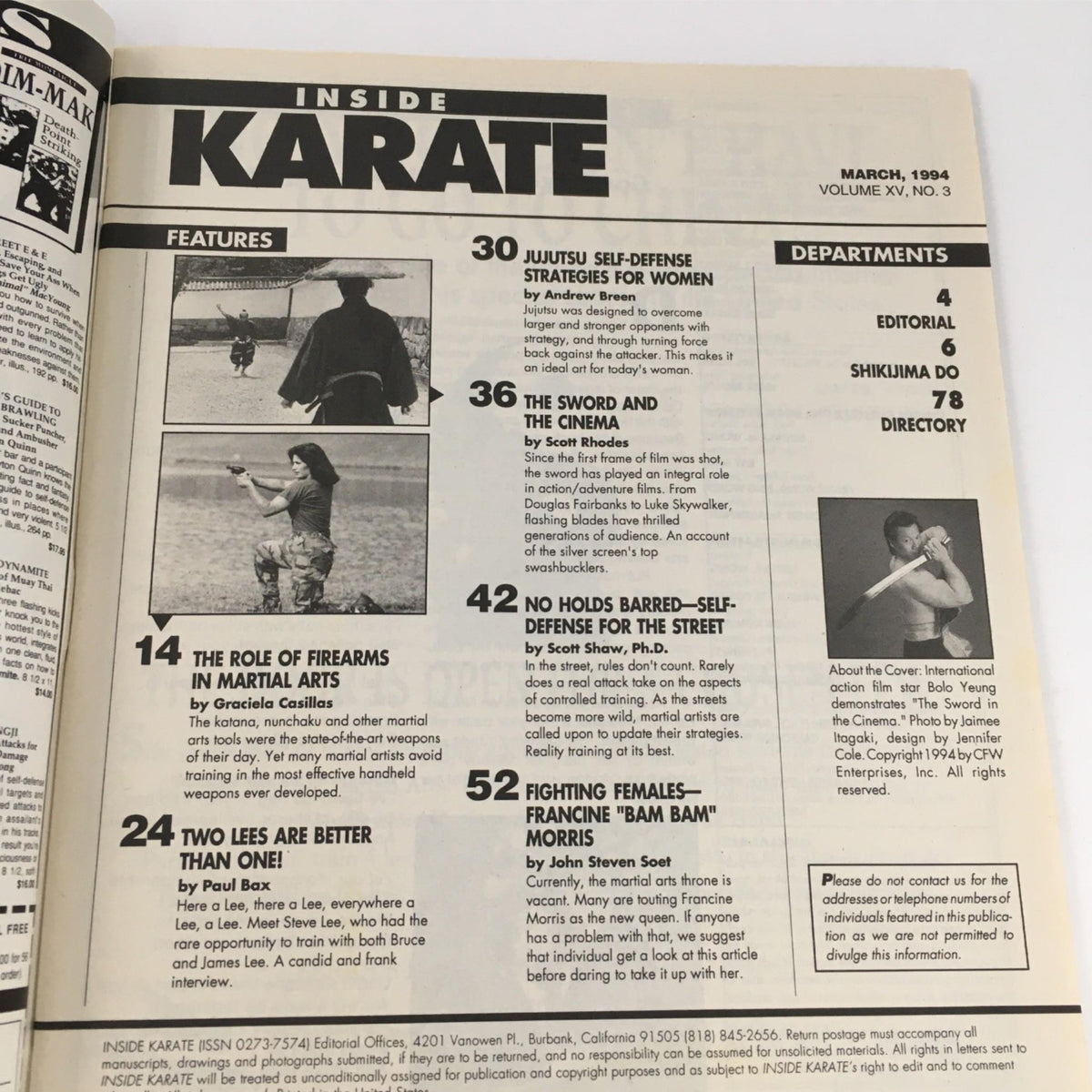 Inside Karate Magazine, March 1994 featuring Bolo Yeung, explores the relationship between martial arts and cinema with articles including 'The Sword and the Cinema' and highlights on self-defense strategies and firearms in martial arts.
